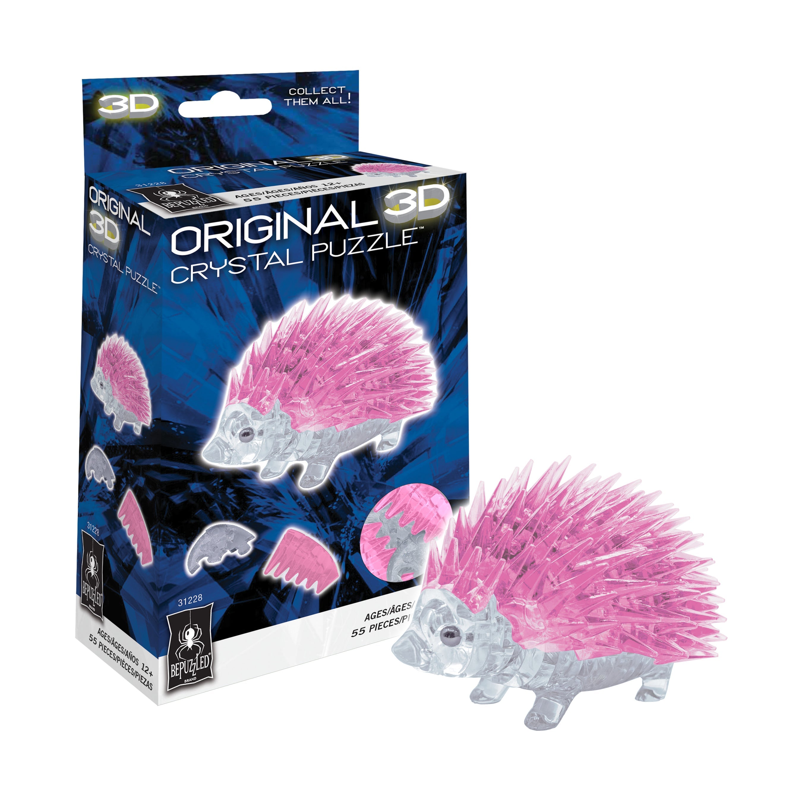  BePuzzled 3D Crystal Puzzle - Hedgehog (Pink): 55 Pcs - Multi-color - Bonton