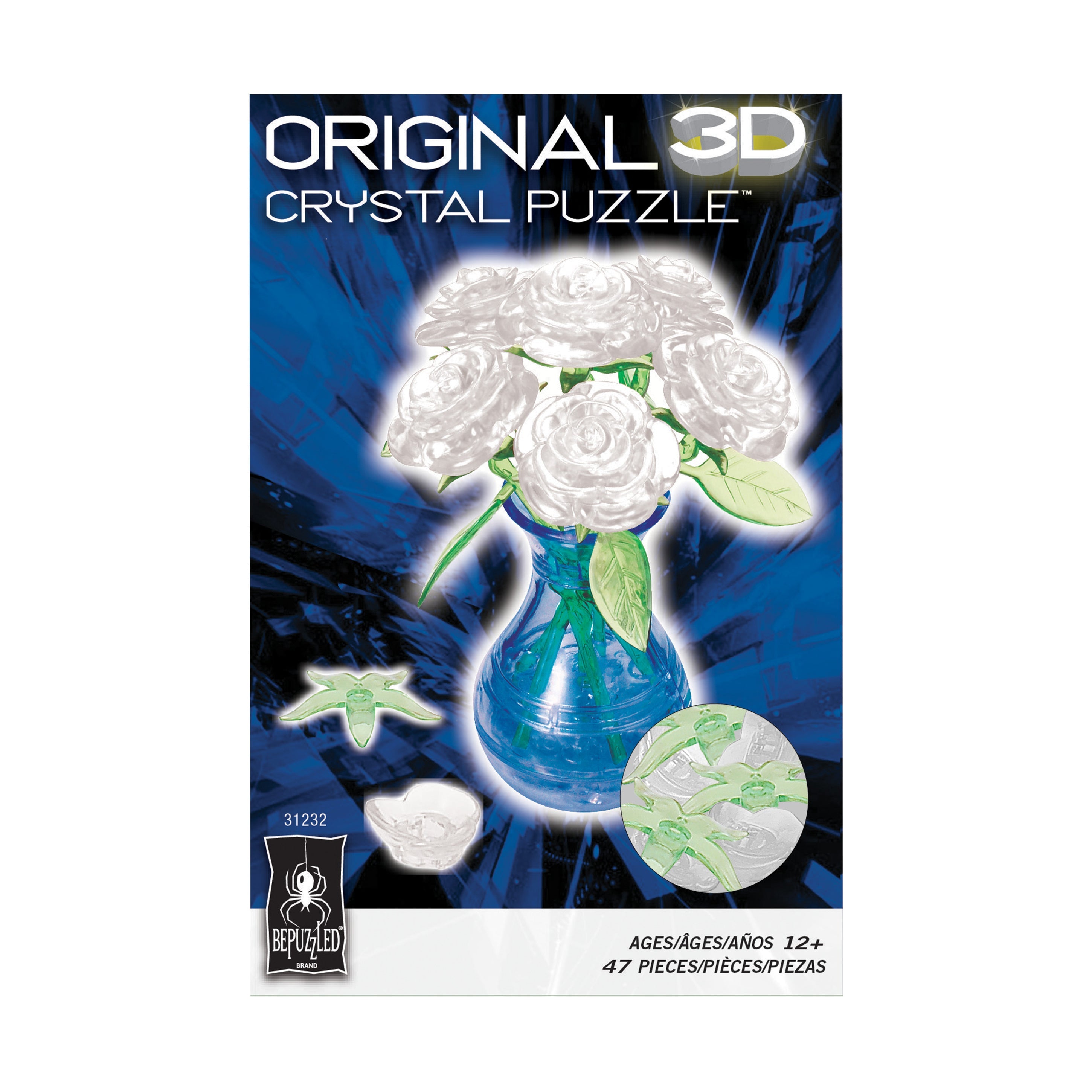  BePuzzled 3D Crystal Puzzle - Roses in a Vase (White): 47 Pcs - Multi-color - Bonton