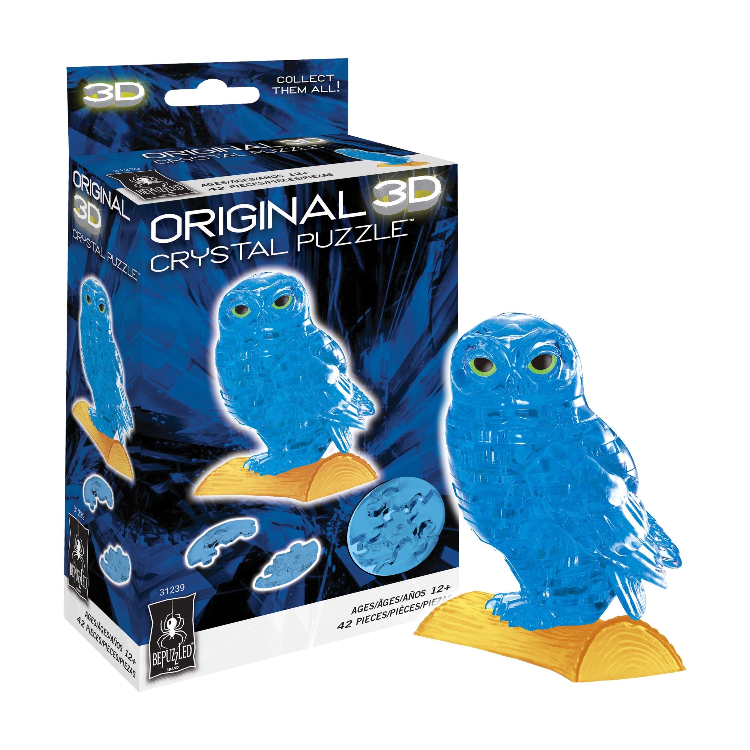  BePuzzled 3D Crystal Puzzle - Owl (Blue): 42 Pcs - Multi-color - Bonton