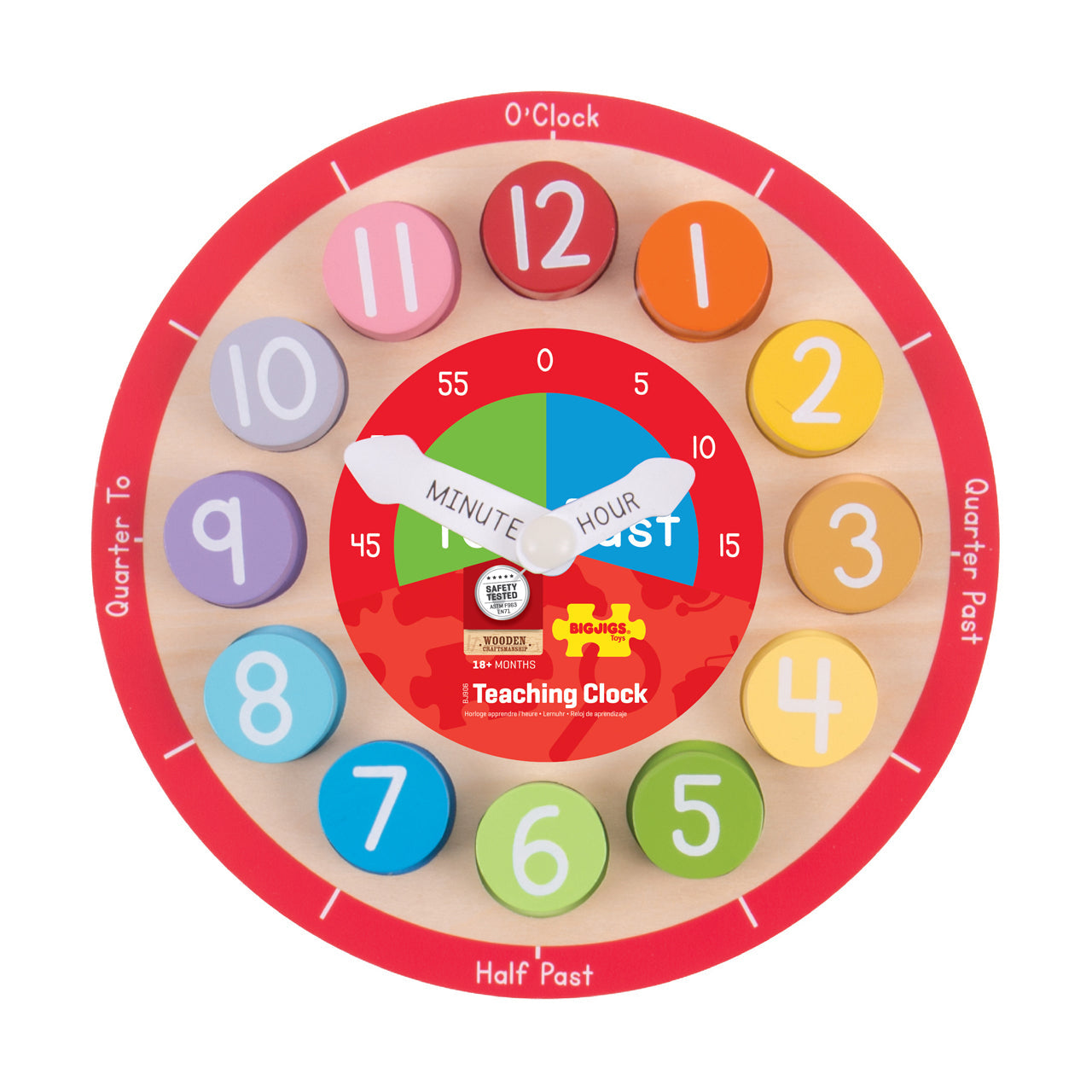  Bigjigs Toys Wooden Teaching Clock - Multicolor - Bonton