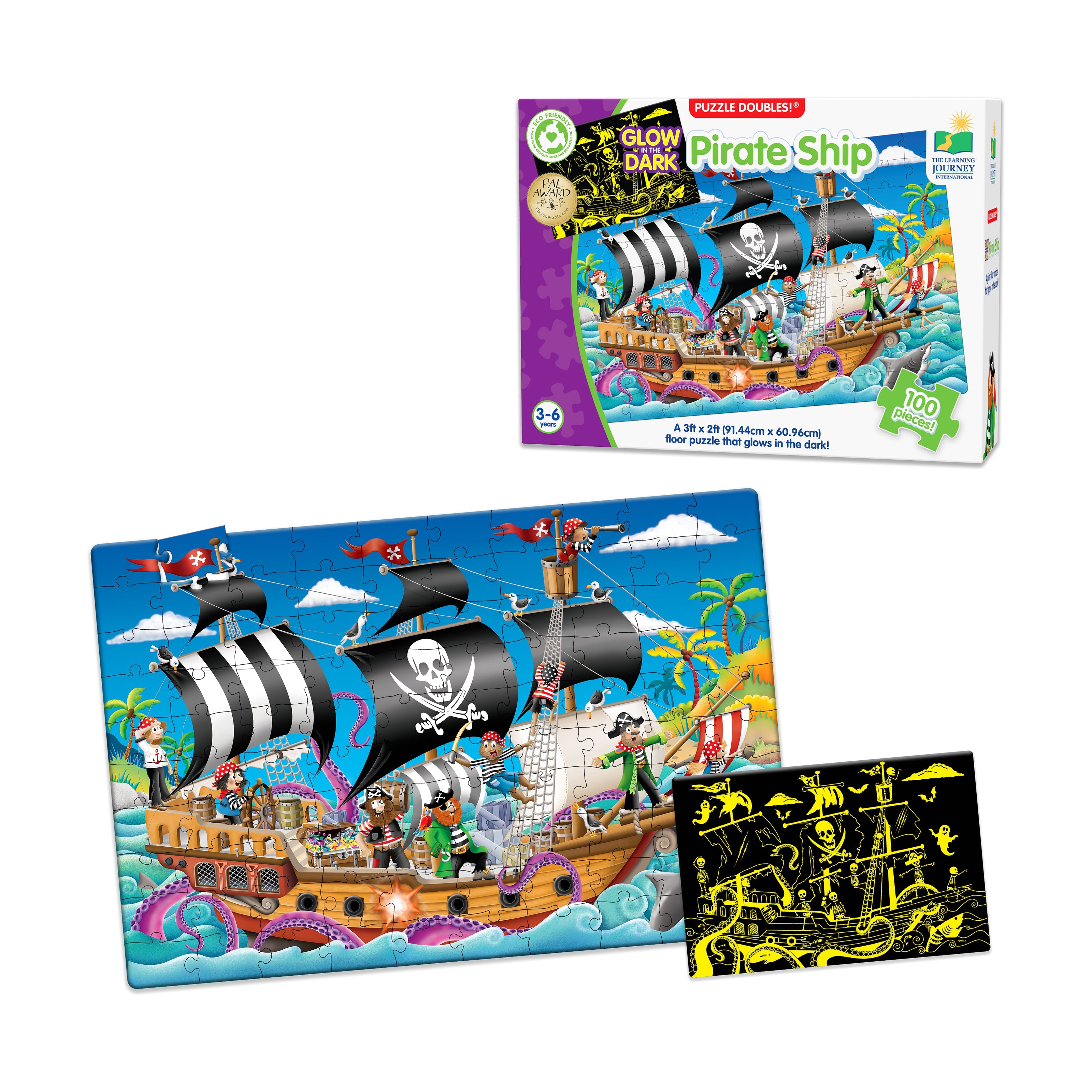  The Learning Journey Puzzle Doubles! - Glow in the Dark Pirate Ship: 100 Pcs - Multi-color - Bonton