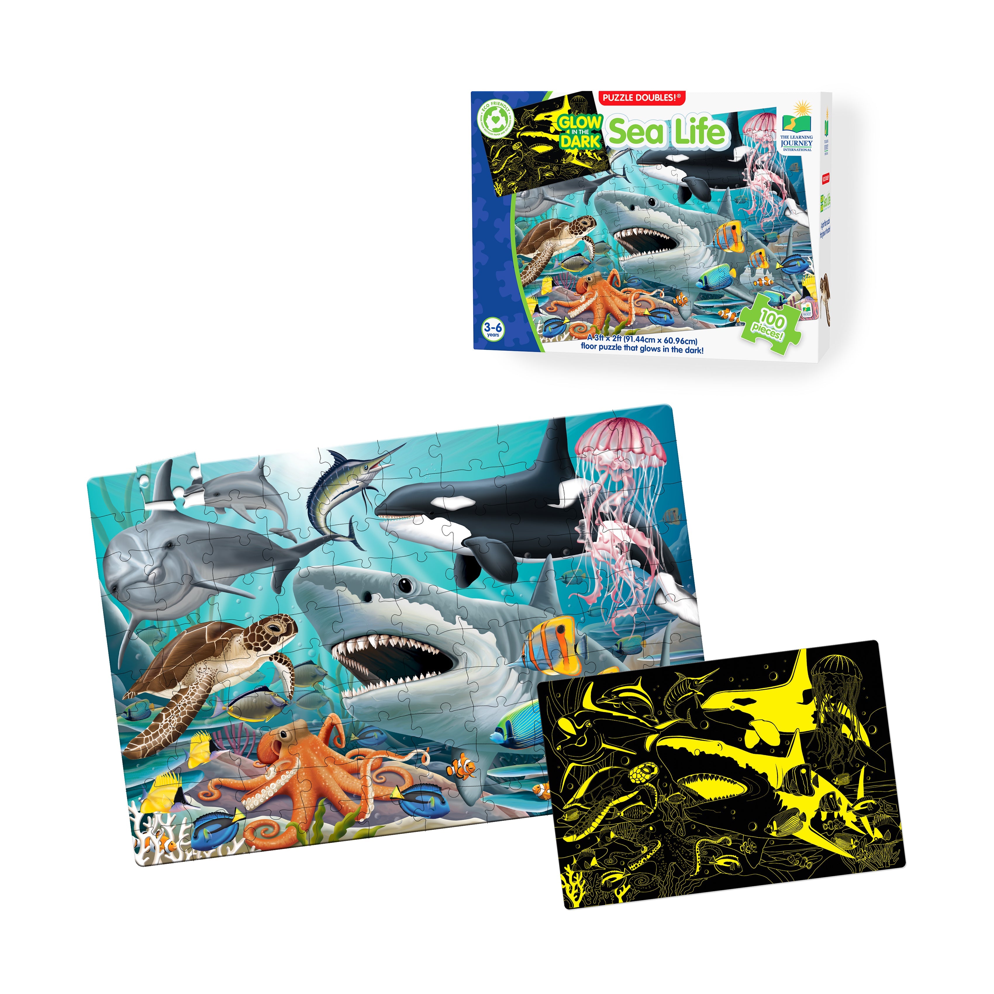  The Learning Journey Puzzle Doubles! - Glow in the Dark Sea Life: 100 Pcs - Multi-color - Bonton