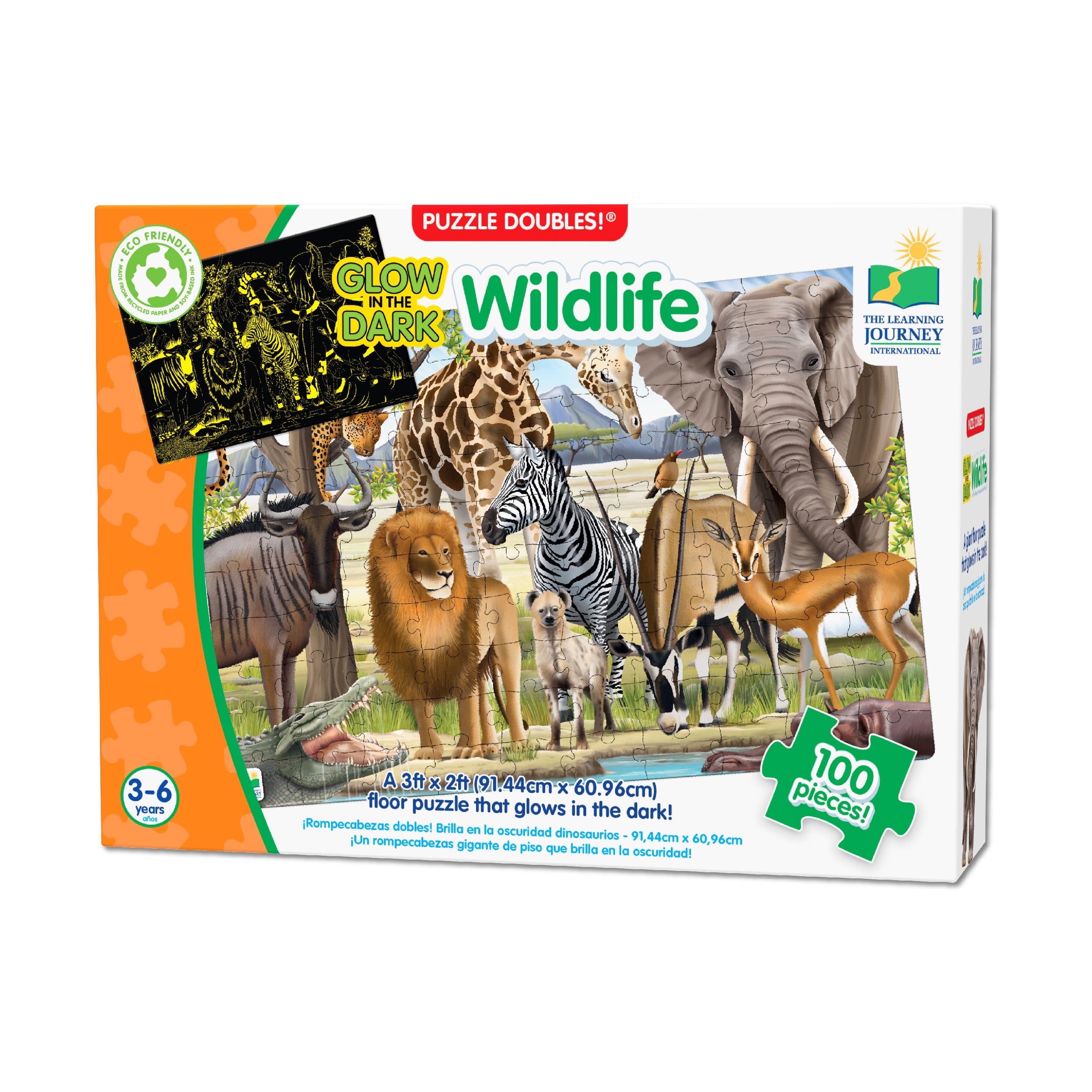  The Learning Journey Puzzle Doubles! - Glow in the Dark Wildlife: 100 Pcs - Multi-color - Bonton