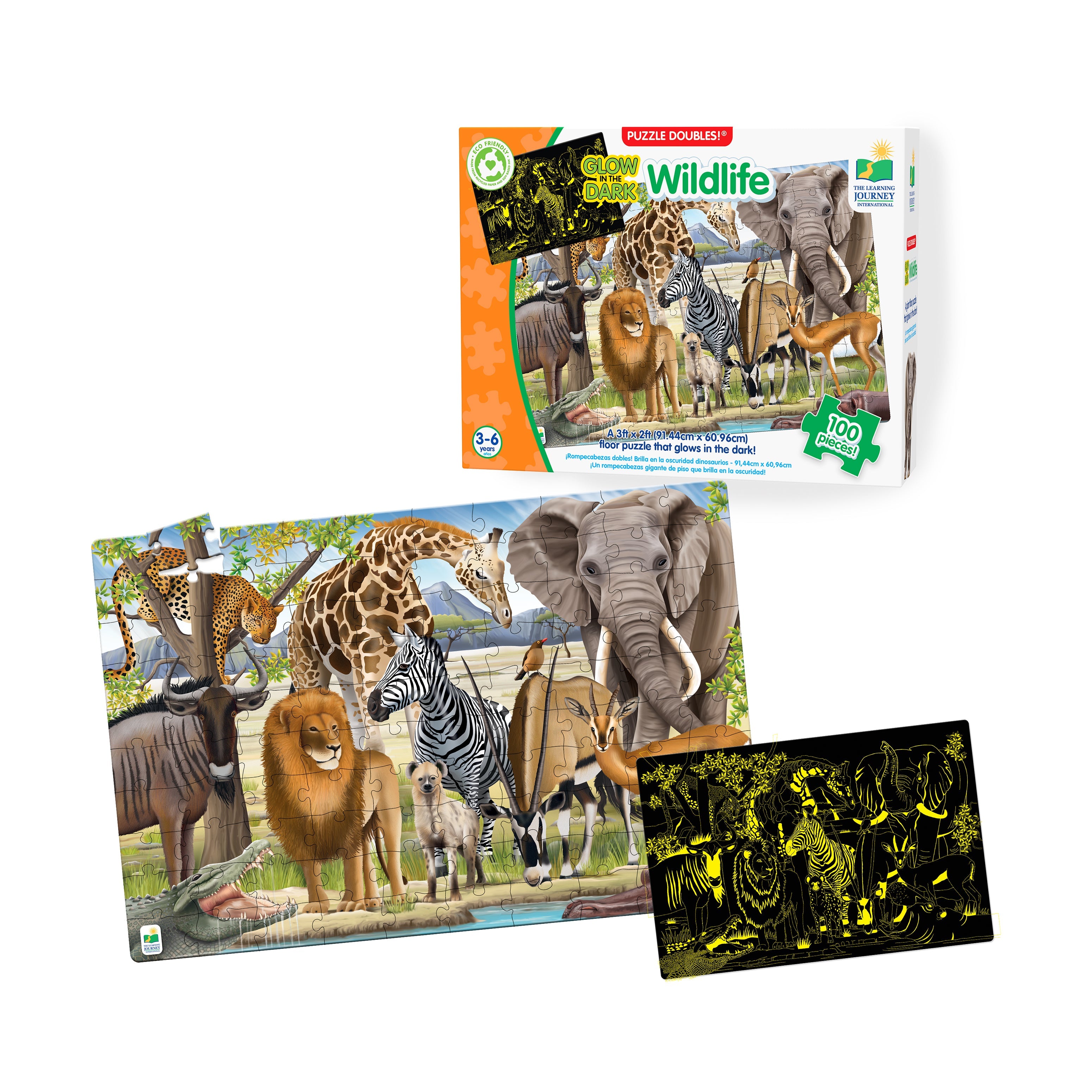  The Learning Journey Puzzle Doubles! - Glow in the Dark Wildlife: 100 Pcs - Multi-color - Bonton