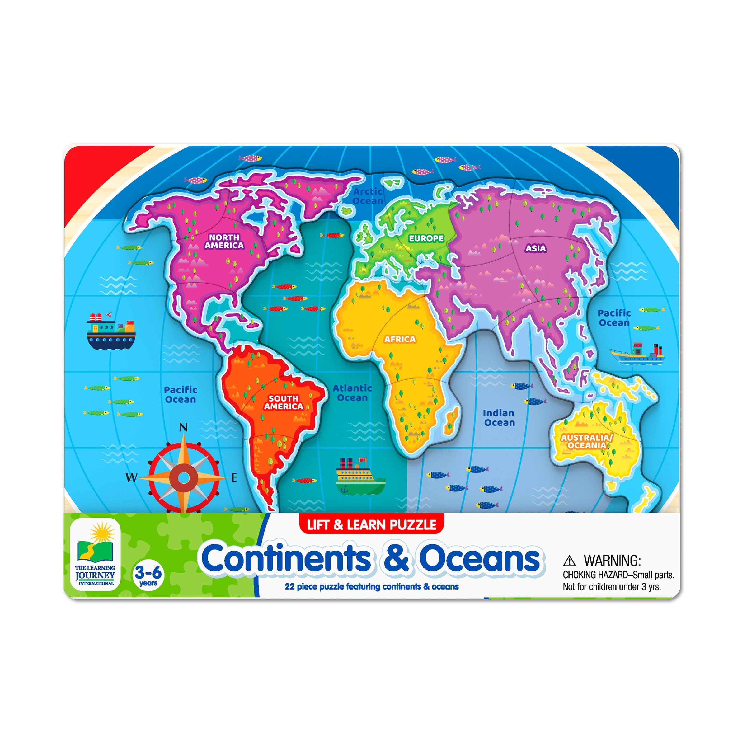  The Learning Journey Lift & Learn Puzzle - Continents & Oceans: 22 Pcs - Multi-color - Bonton