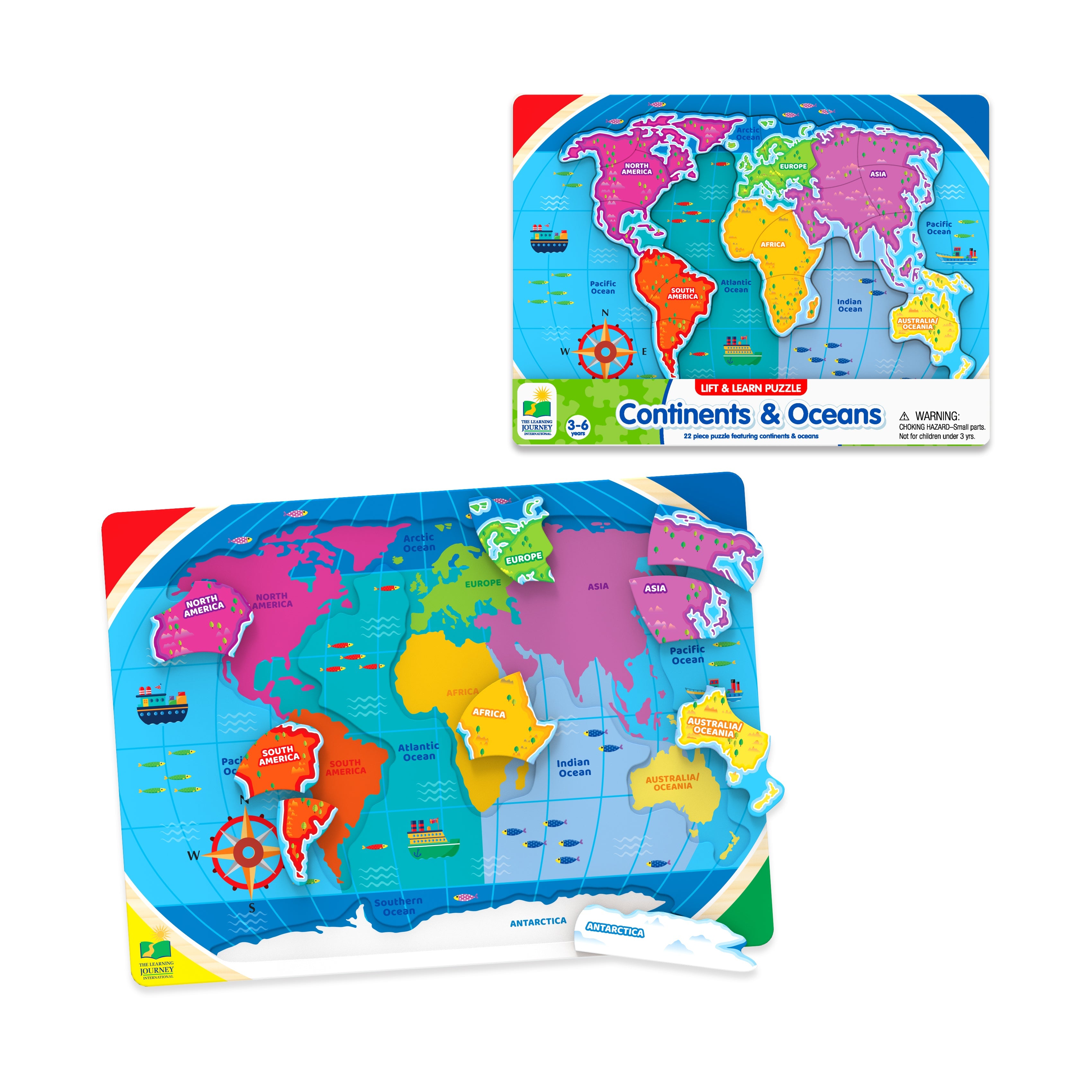  The Learning Journey Lift & Learn Puzzle - Continents & Oceans: 22 Pcs - Multi-color - Bonton