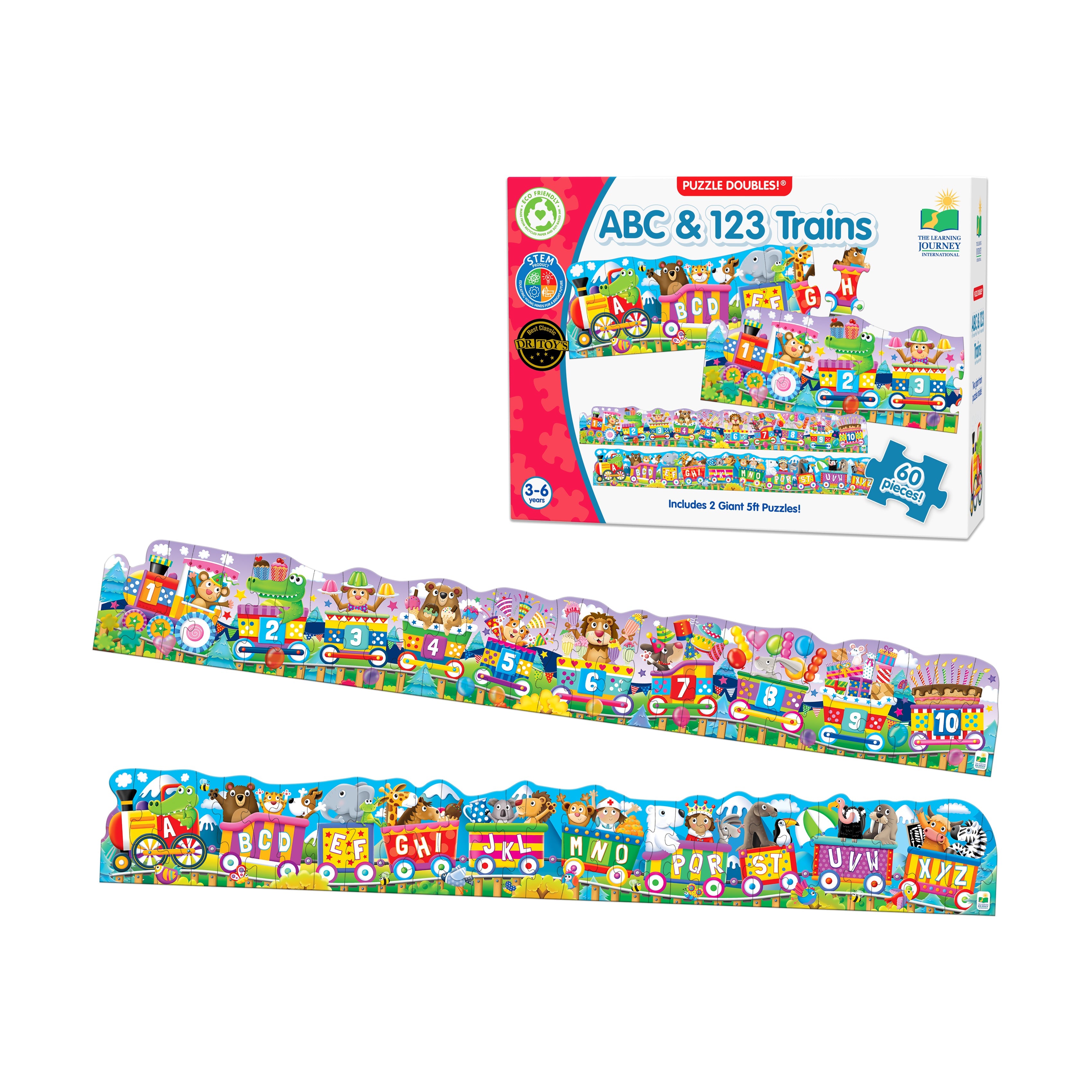  The Learning Journey Puzzle Doubles! - ABC & 123 Trains: 60 Pcs - Multi-color - Bonton