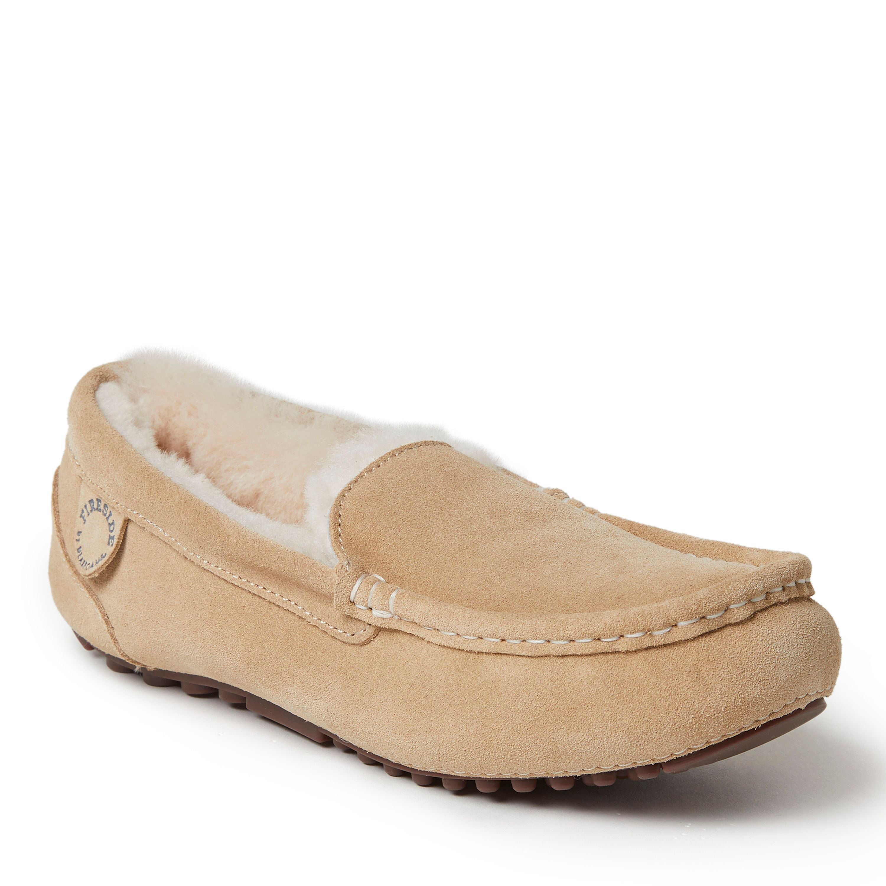  Dearfoams Fireside by Women's Mel Water Resistant Indoor/Outdoor Shearling Moccasin Slipper - Beige - Bonton