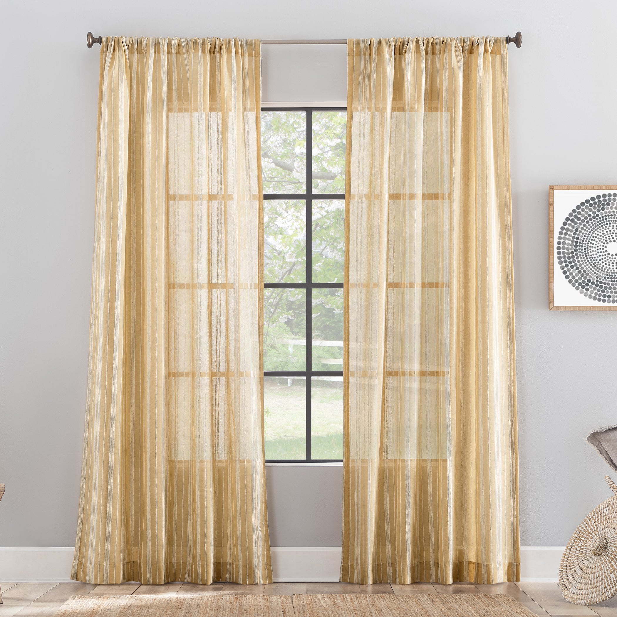  Embroidered Stripe Linen Blend Curtain - Curry Yellow - Bonton