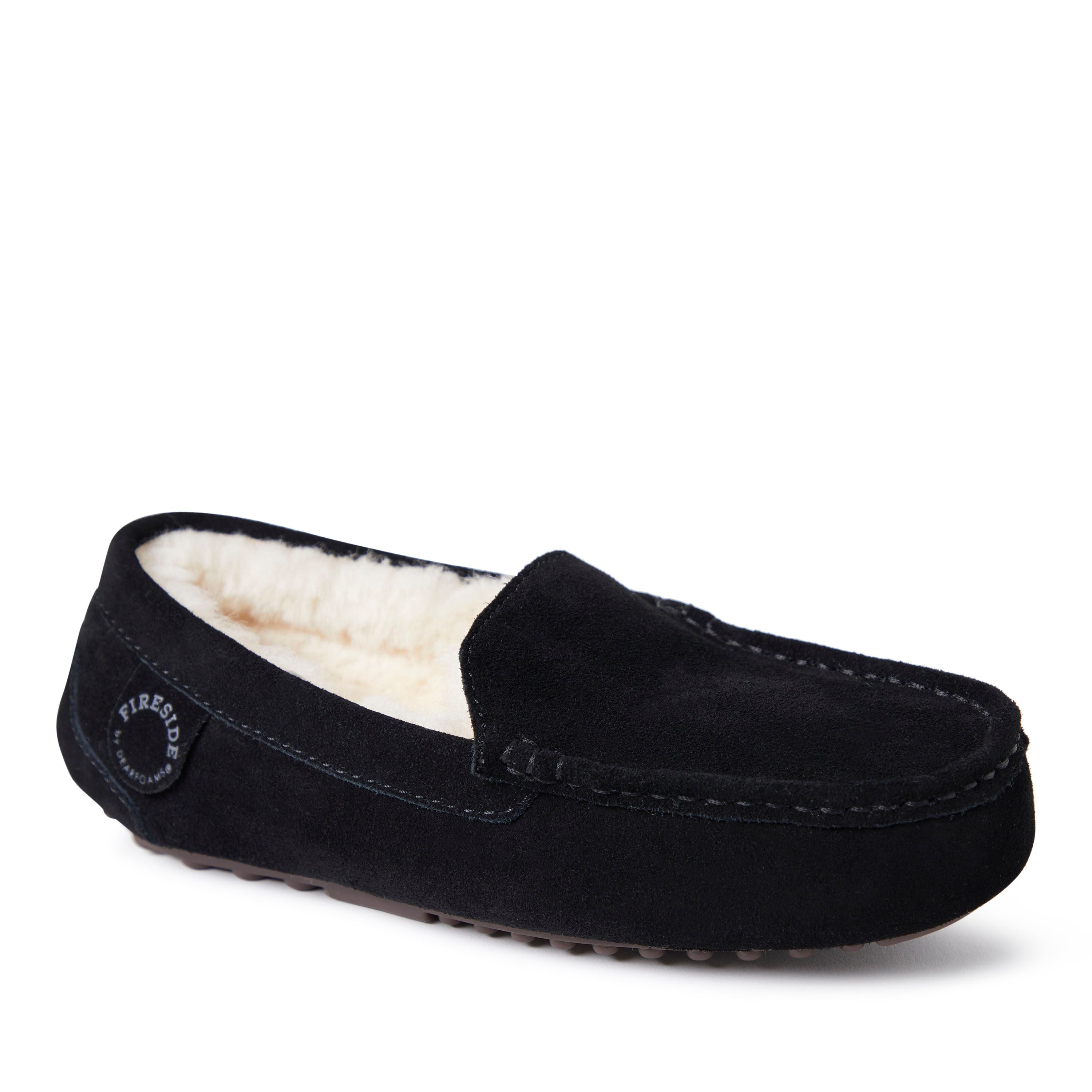  Dearfoams Fireside by Women's Mel Water Resistant Indoor/Outdoor Shearling Moccasin Slipper - Black - Bonton