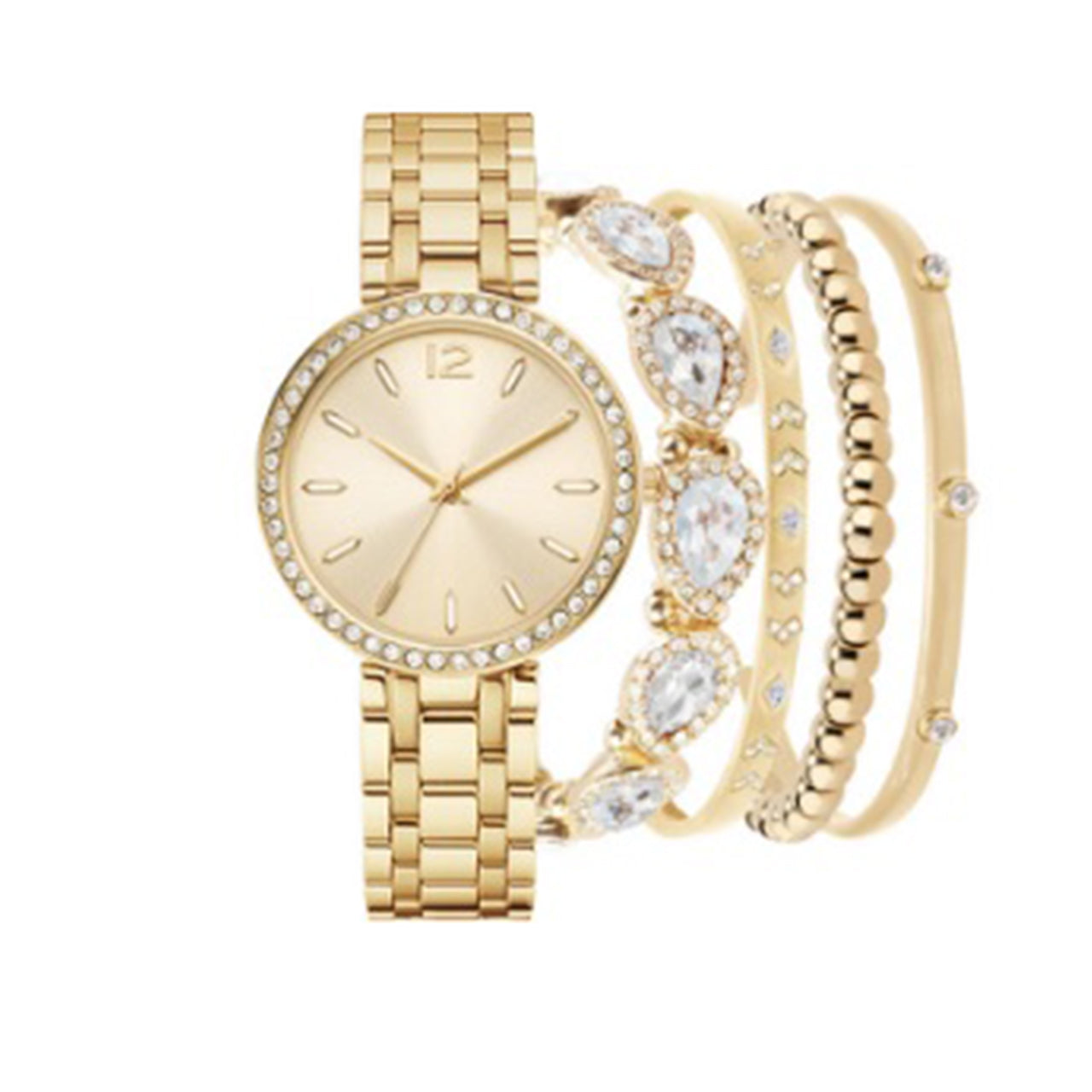  Analog Watch-Crystal Bracelet Set - Gold Tone - Bonton