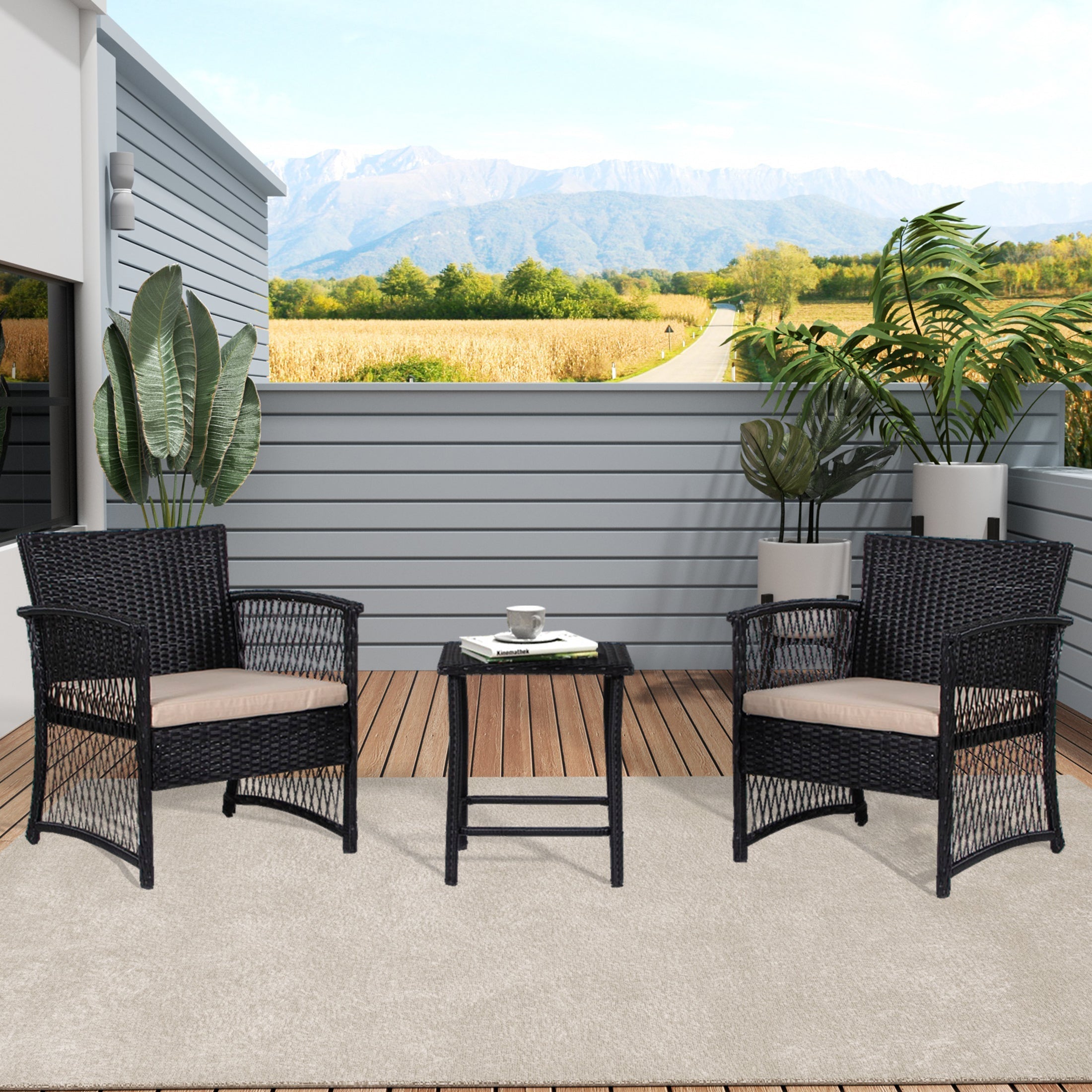  Westin Furniture 3-Piece Outdoor Patio Seating Conversation - Black/Beige - Bonton