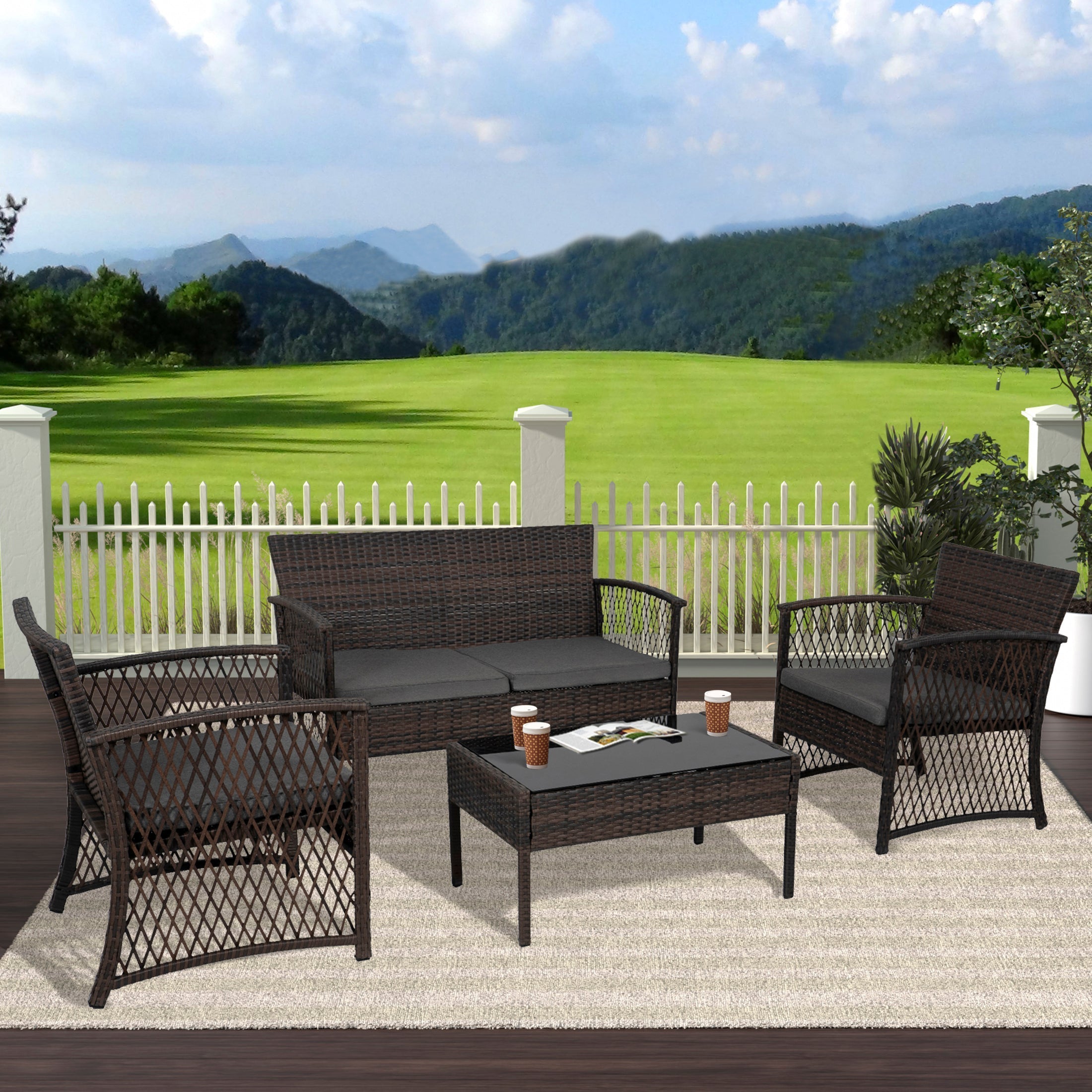  Westin Furniture 4-Piece Outdoor Patio Conversation Set - Black/Gray - Bonton