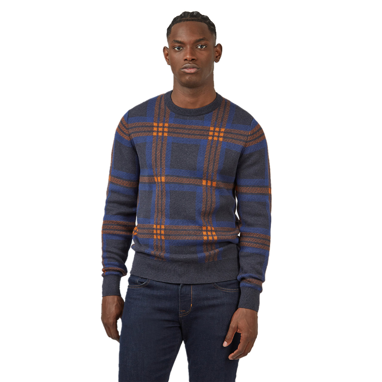  Ben Sherman Jacquard Check Crew Neck Sweater - Dark Navy - Bonton