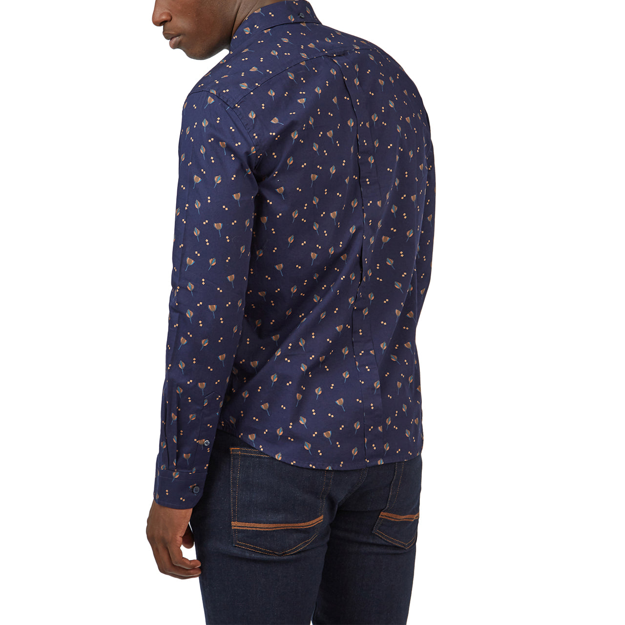  Ben Sherman Scattered Floral Print Twill Buttondown Shirt with Long Sleeves - Marine - Bonton