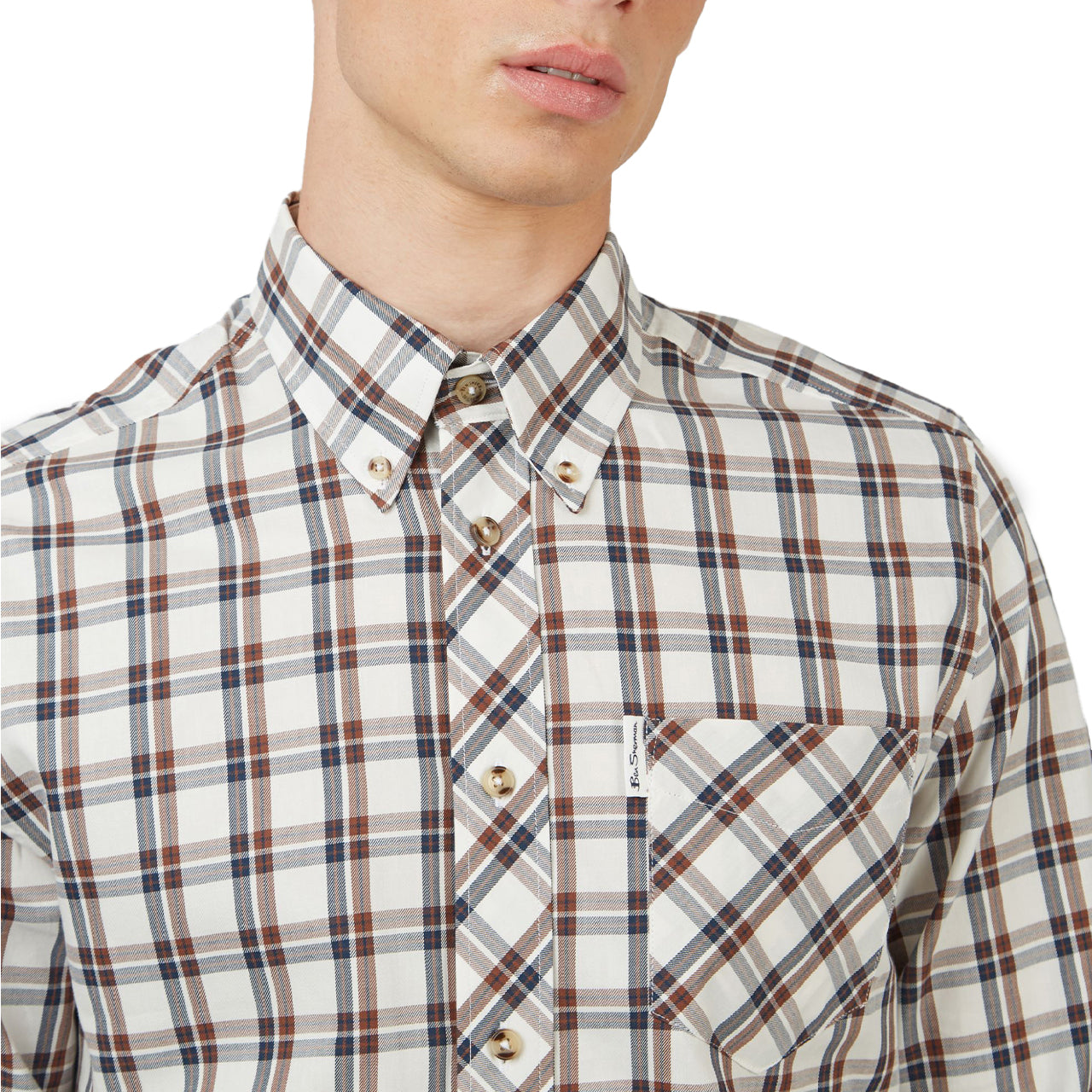  Ben Sherman Long Sleeve Grid Check Buttondown Shirt - Ivory - Bonton