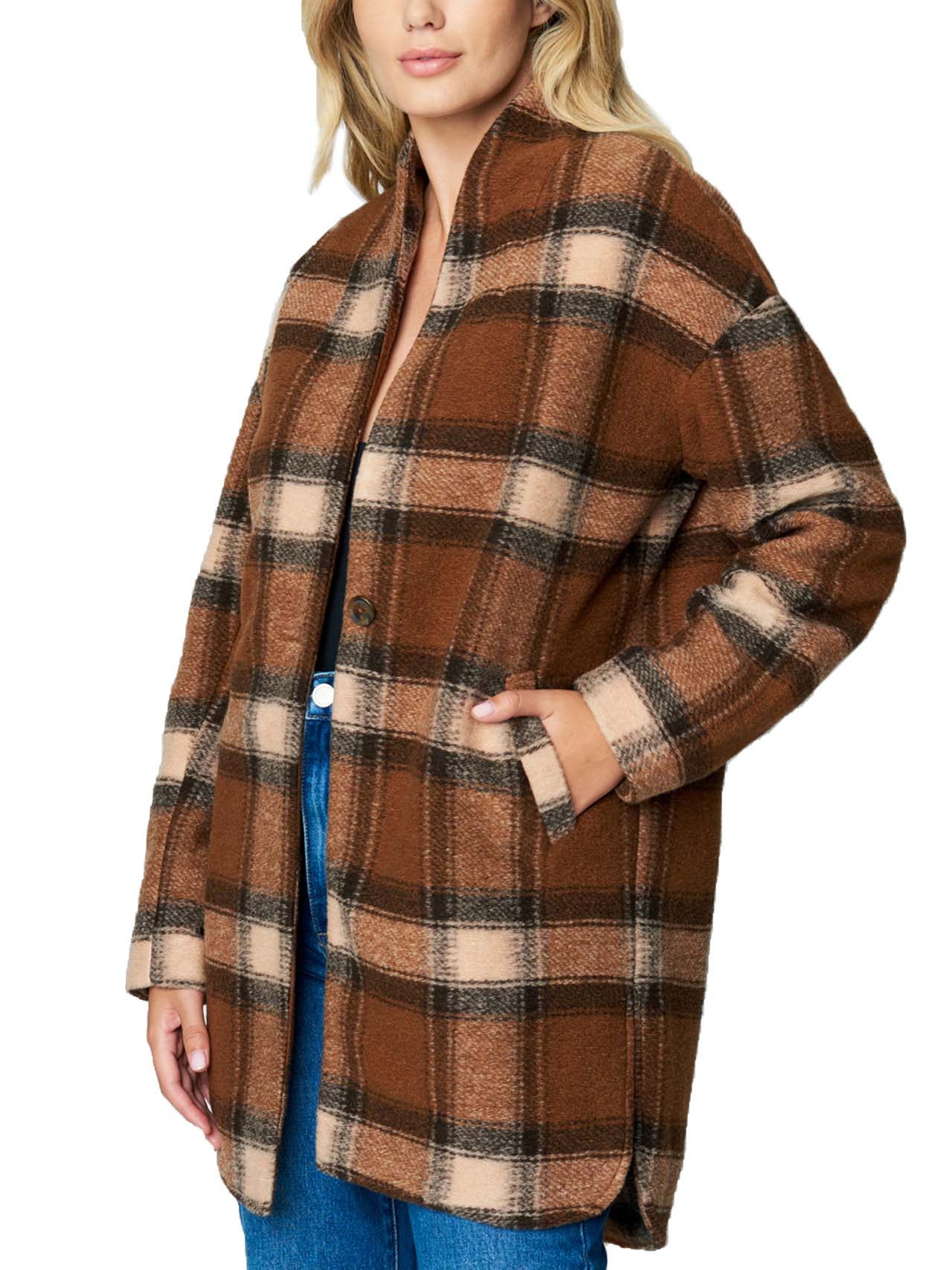  BlankNYC Simple Plaid Cocoon Coat - Brown - Bonton