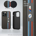 iPhone 14 Pro Max - PU Leather Grey M Collection Mesh Case And Printed Tricolor Lines And Metal Logos - BMW2