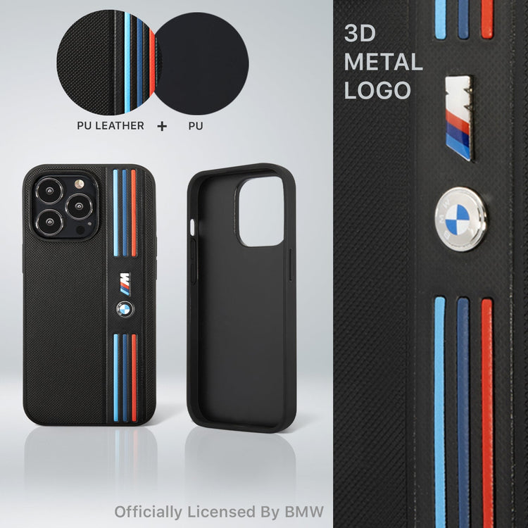 iPhone 14 Pro Max - PU Leather Black M Collection Mesh Case And Printed Tricolor Lines And Metal Logos - BMW2