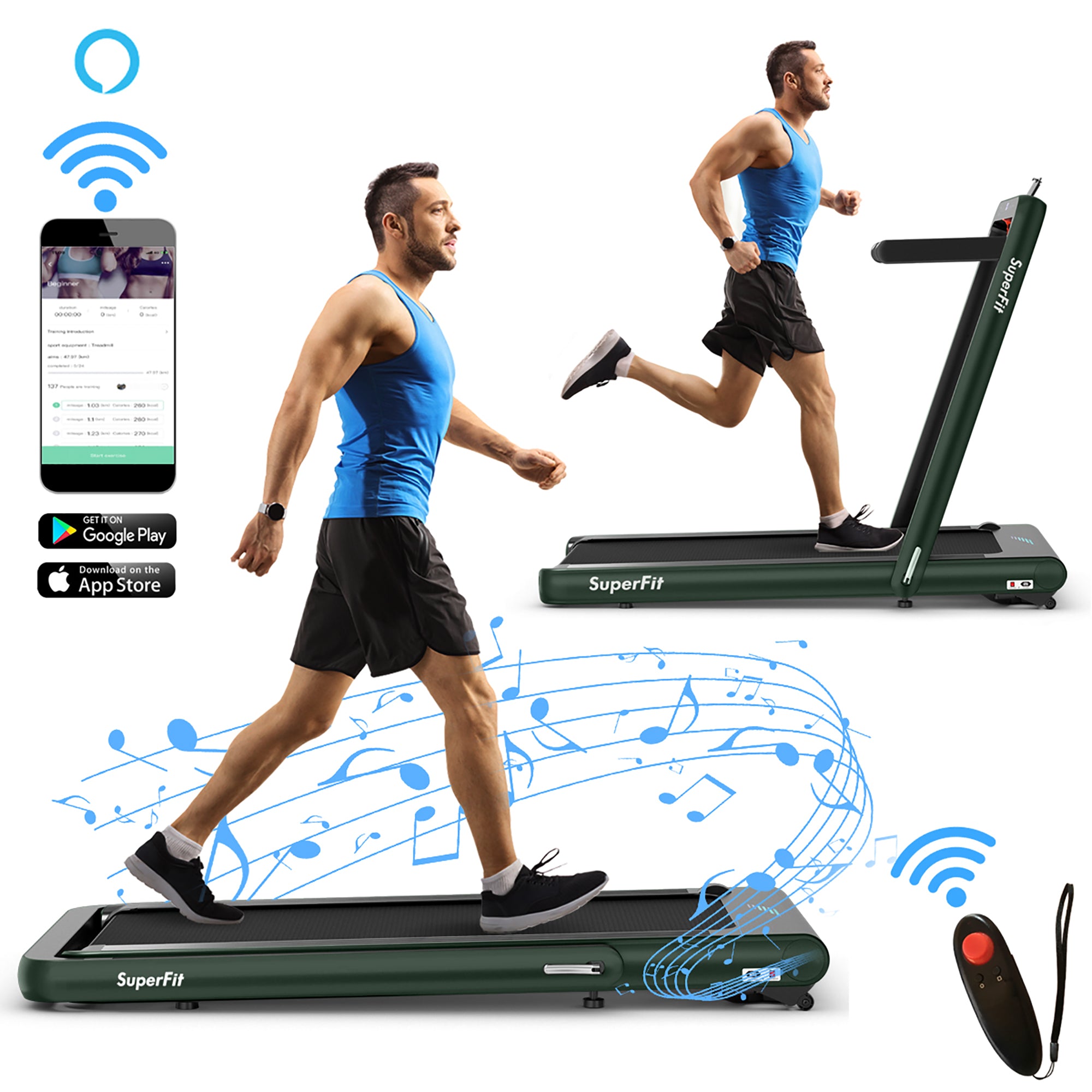  4.75 Horsepower 2 In 1 Folding Treadmill with Remote APP Control - Green - Bonton