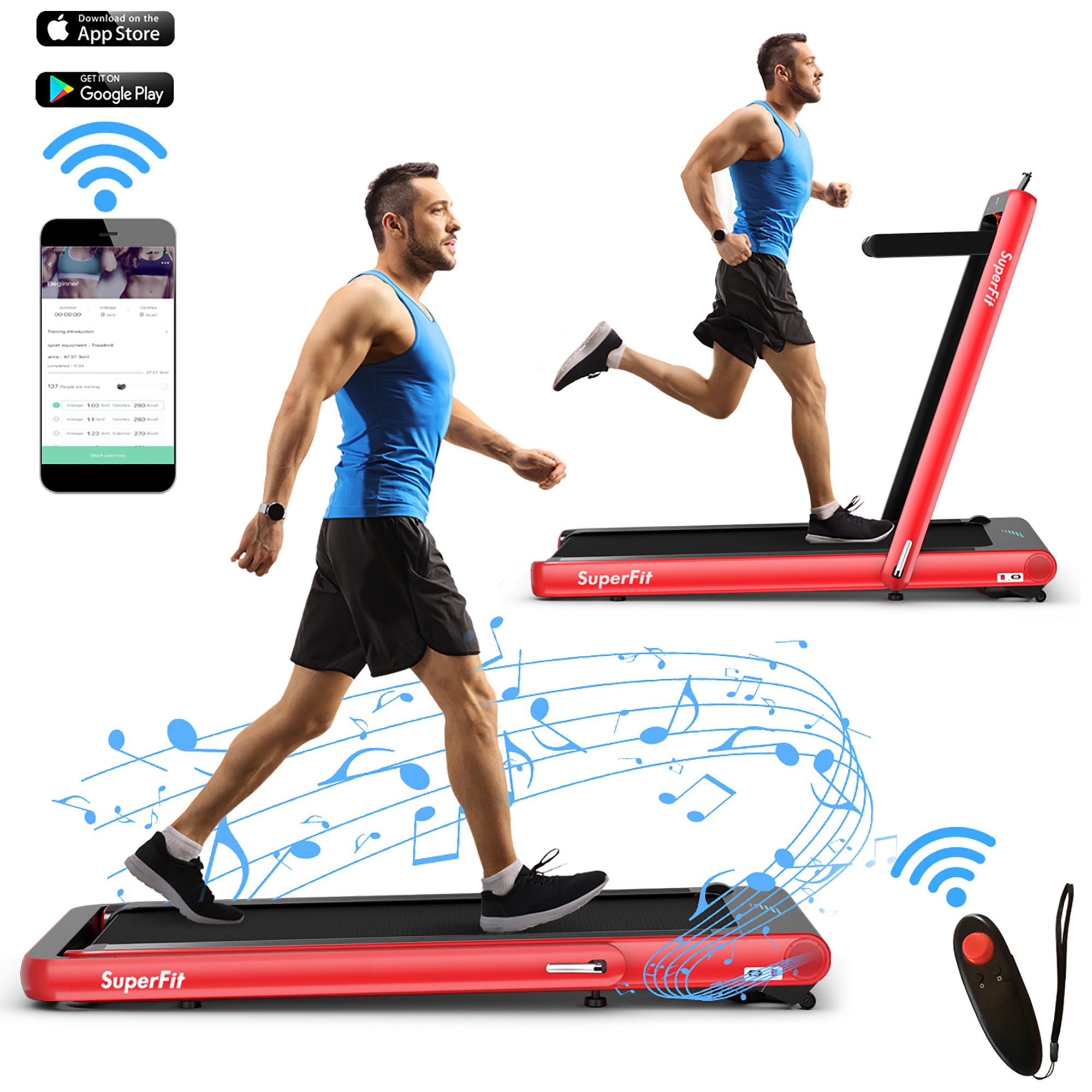  4.75 Horsepower 2 In 1 Folding Treadmill with Remote APP Control - Red - Bonton