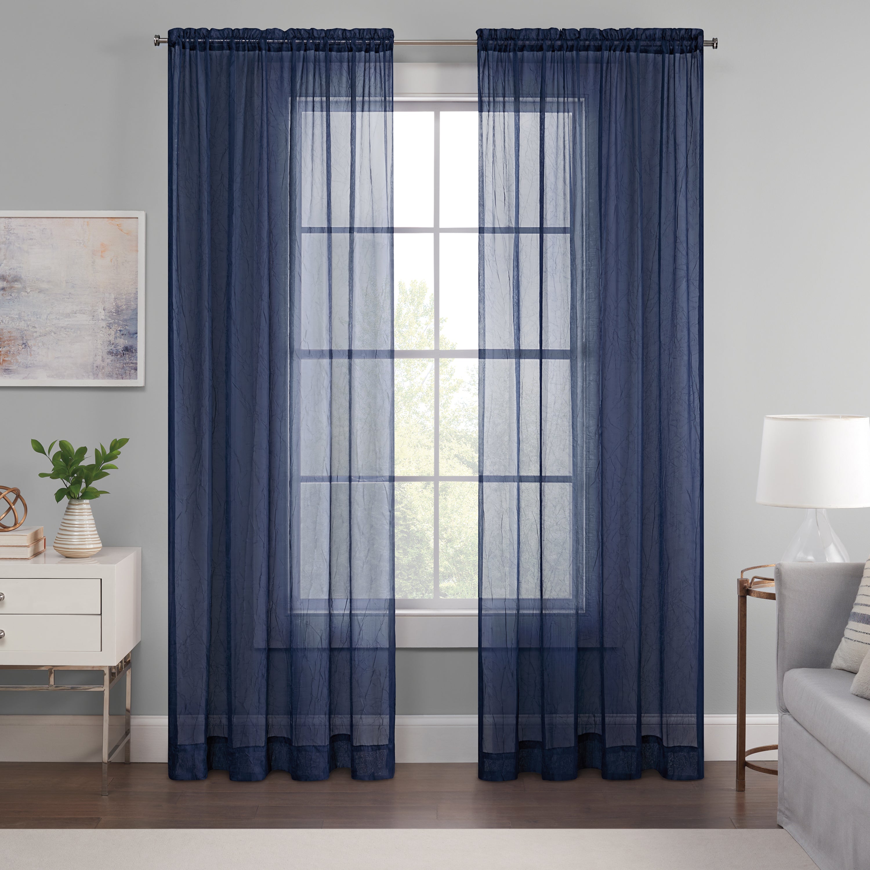  Eclipse Emina Crushed Sheer Voil Rod Pocket Curtain Panel - Navy - Bonton