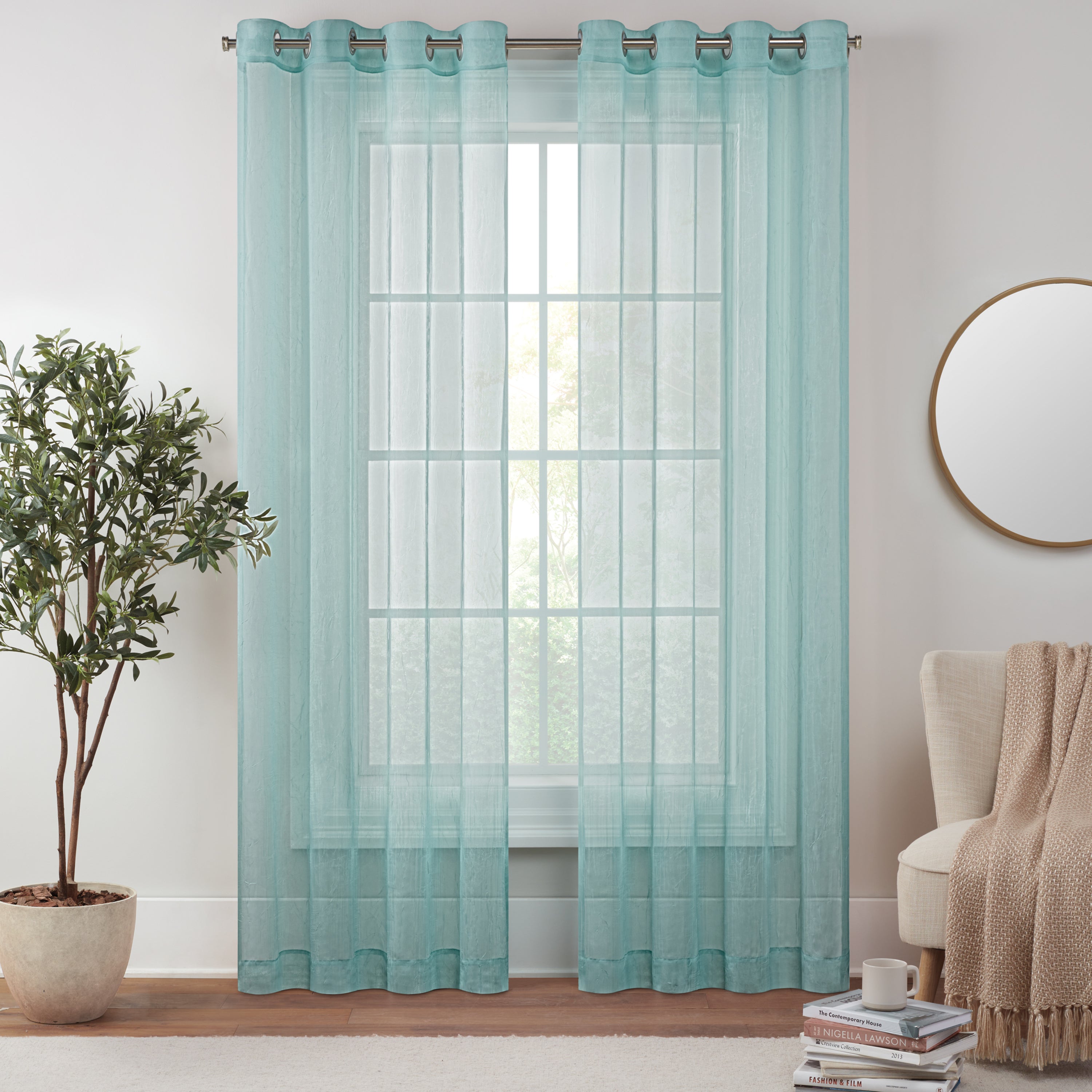  Eclipse Emina Grommet Crushed Sheer Voil Rod Grommet Curtain Panel - Aqua - Bonton