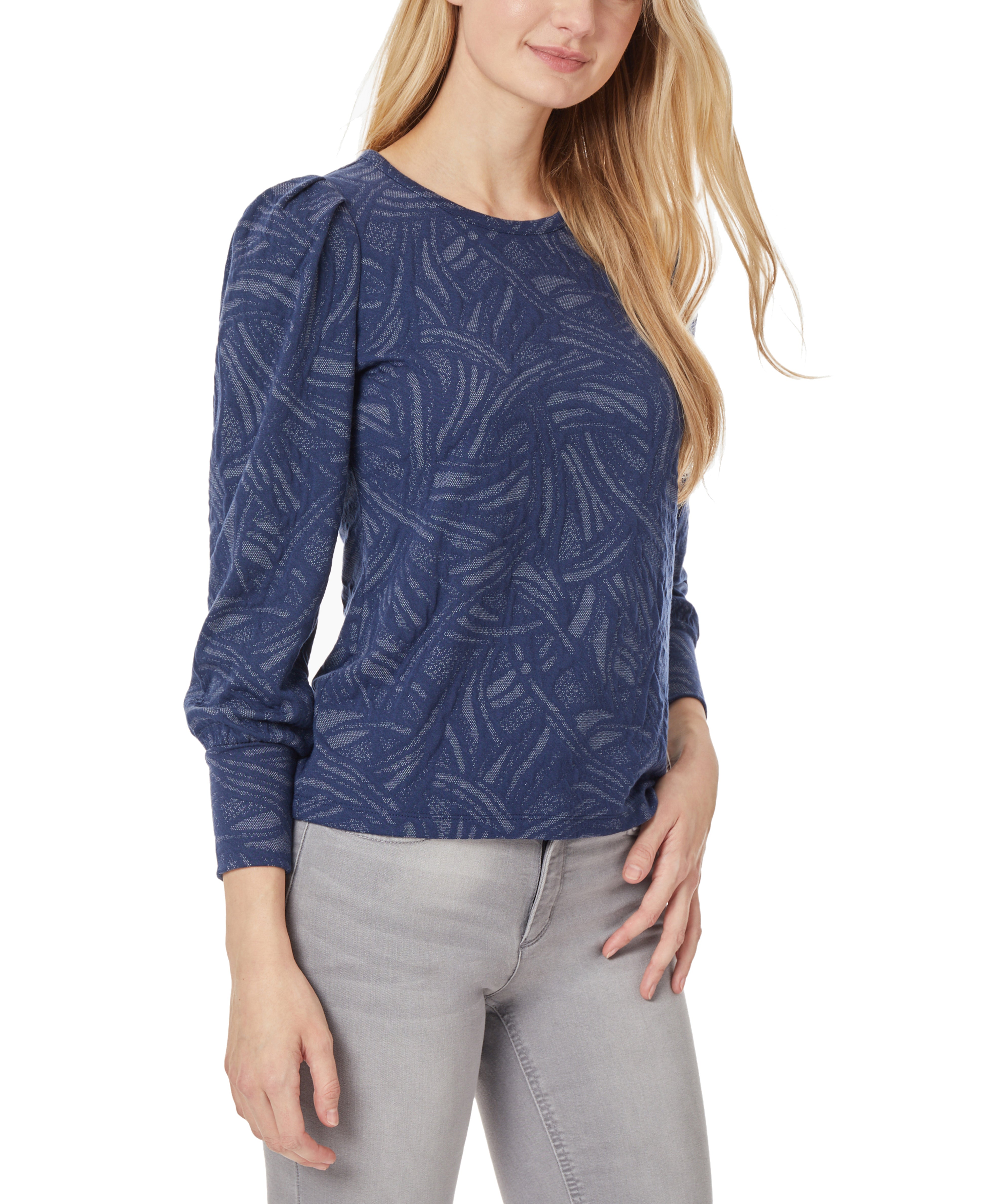  Jones New York Puff Sleeve Scoop Neck Top - Indigo/White - Bonton