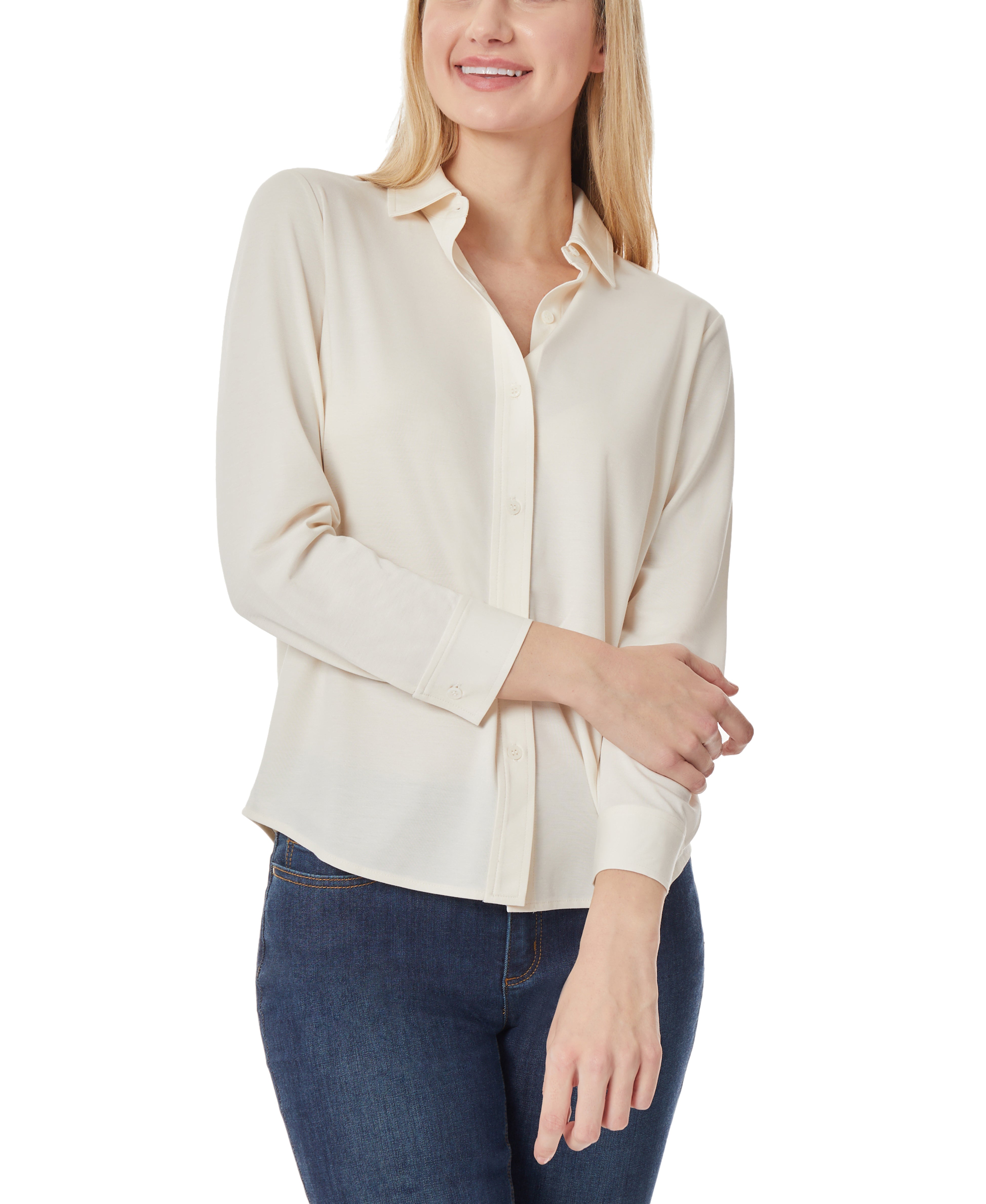  Jones New York Knit Button Down Long Sleeve Blouse - Jones White - Bonton