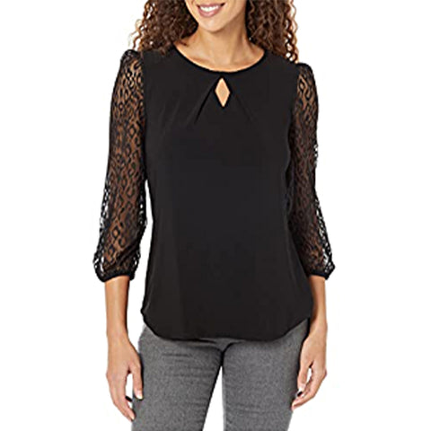 Pleat Neck Lace Sleeve Top Ity with Lace