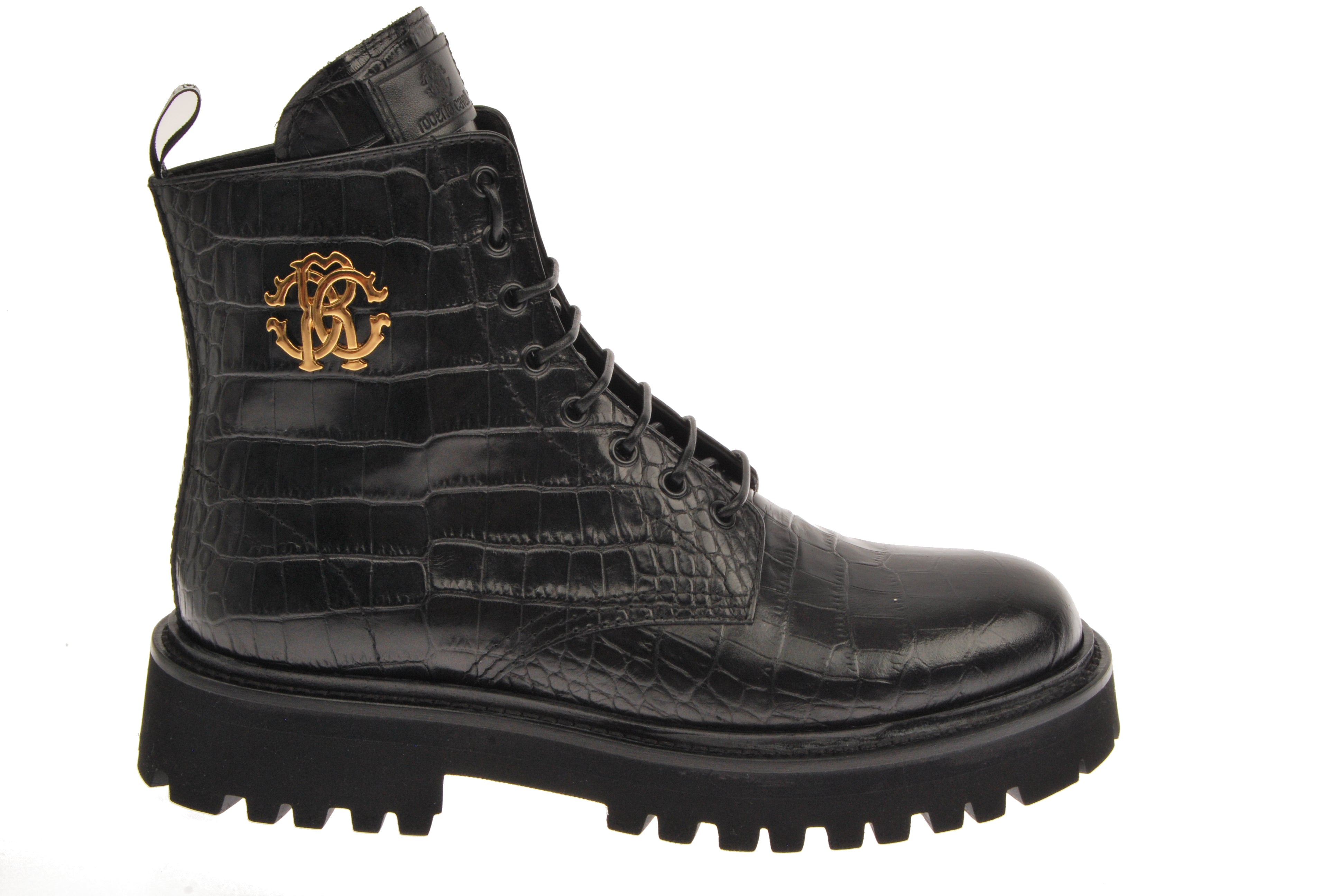  Crocodile Embossed Gold Crest Lace Up Boot - Black/Croc Embossed - Bonton