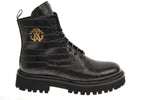 Crocodile Embossed Gold Crest Lace Up Boot