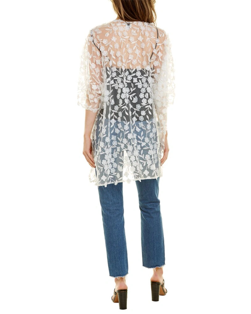  Anne Klein Floral Lace Oversized Sheer Cardigan With Side Slits - Anne White/Bisqueware - Bonton