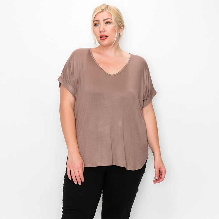 Plus Size V-Neck Rolled Sleeves T-shirt