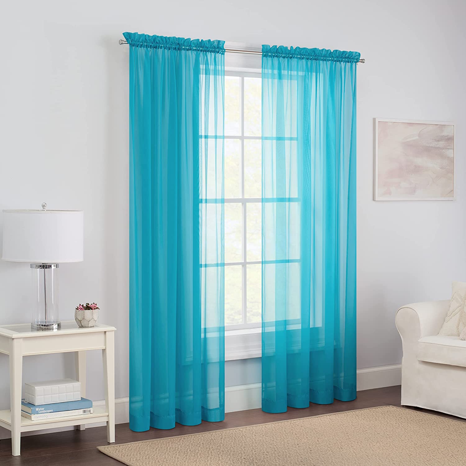  Pairs to Go Victoria Voile Sheer Rod Pocket Panel Pair - Turquoise - Bonton