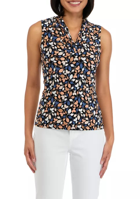  Anne Klein Plus Size Printed ITY Triple Pleat Sleeveless Blouse - Anne Black/ Blue Jay Combo - Bonton