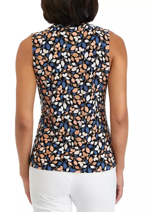  Anne Klein Plus Size Printed ITY Triple Pleat Sleeveless Blouse - Anne Black/ Blue Jay Combo - Bonton