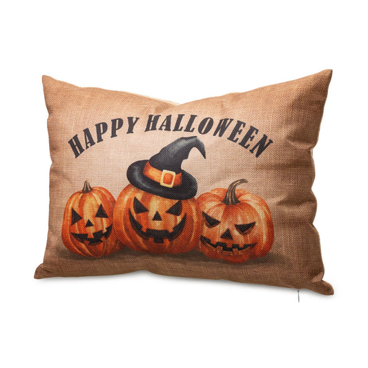 18"L Faux Burlap Happy Halloween Pumpkin Pillow