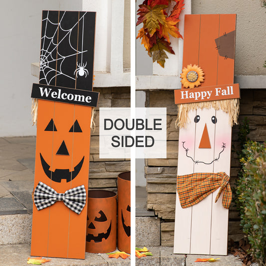 36"H Double Sided Wooden Scarecrow/Pumpkin Porch Decor Halloween and Fall