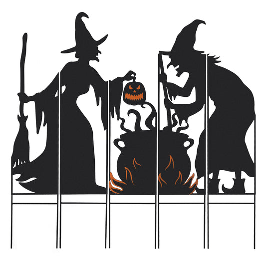 34.5"H Set of 5 Halloween Metal Silhouette Witches with Cauldron Yard Stake (Two function)