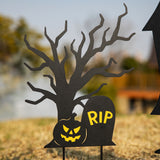 24"H Set of 3 Halloween Metal Silhouette Haunted House and Ghost Tree Yard Stake or Hanging Decor (KD, Two function)