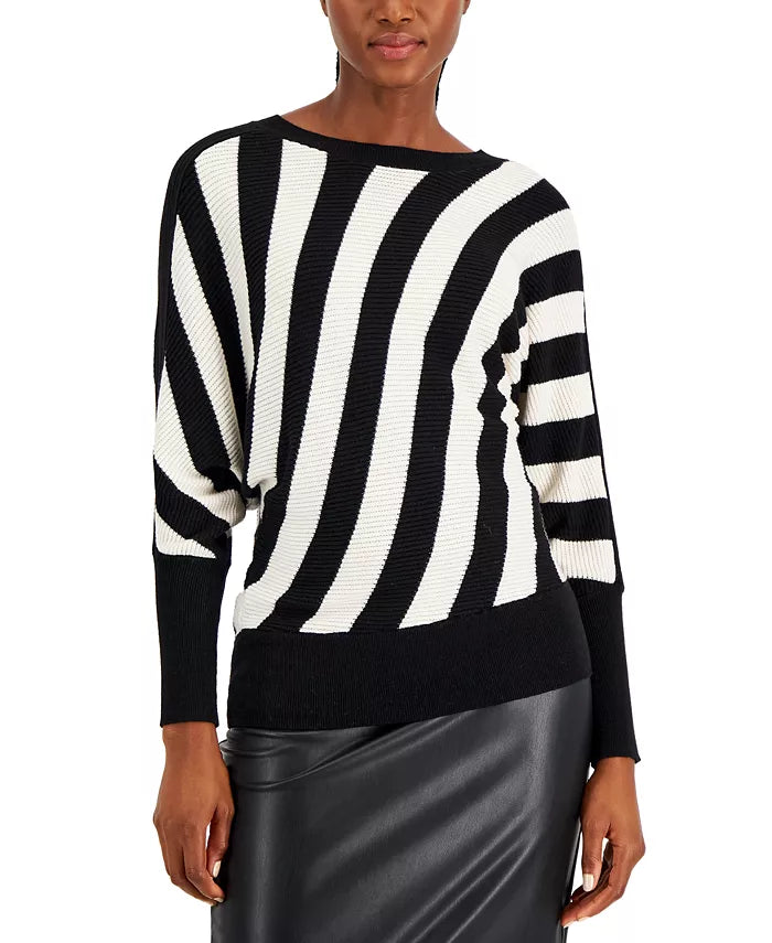  Anne Klein Diagonal Stripe Dolman Sleeve Crew Neck - Anne Black/ Anne White - Bonton