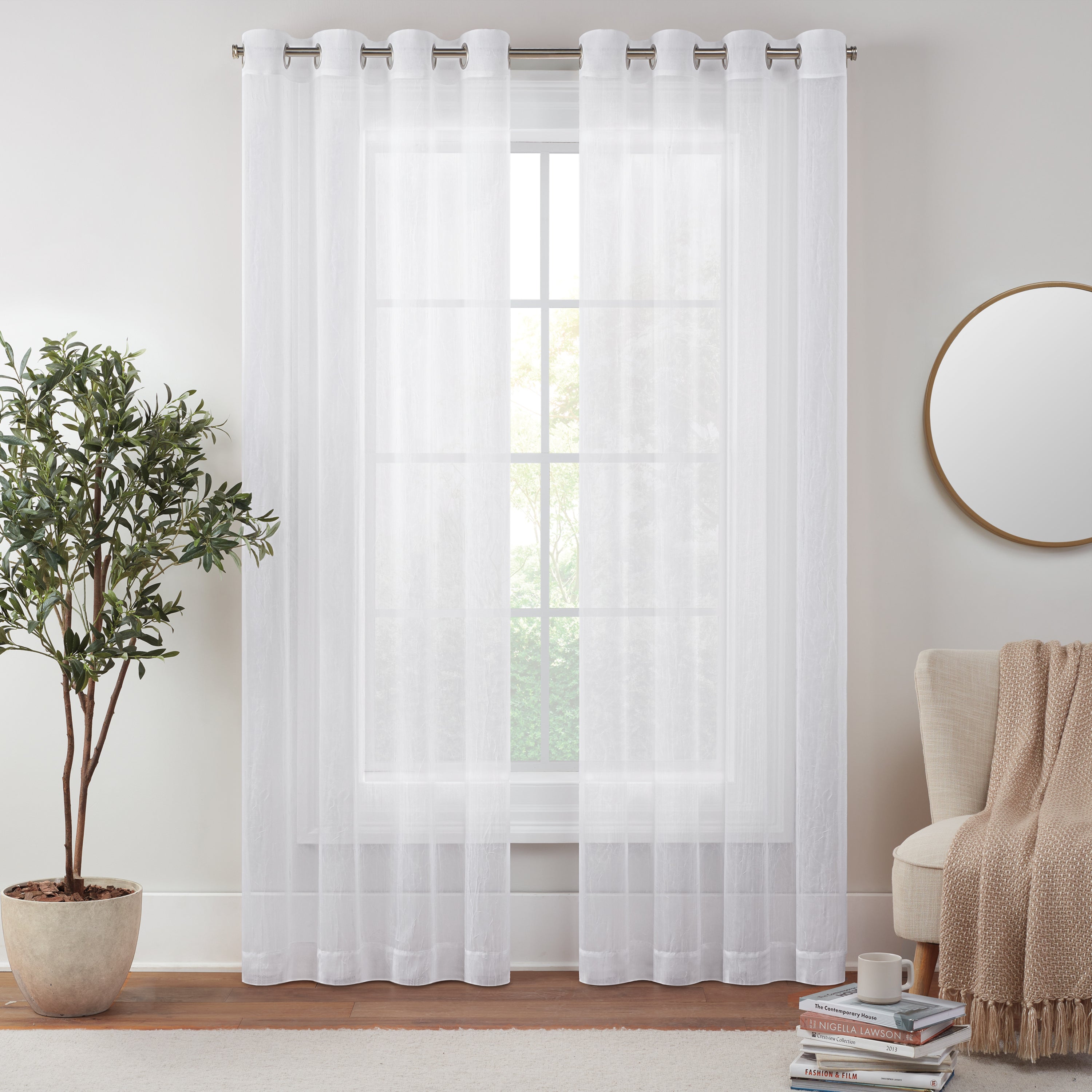  Eclipse Emina Grommet Crushed Sheer Voil Rod Grommet Curtain Panel - Ivory - Bonton