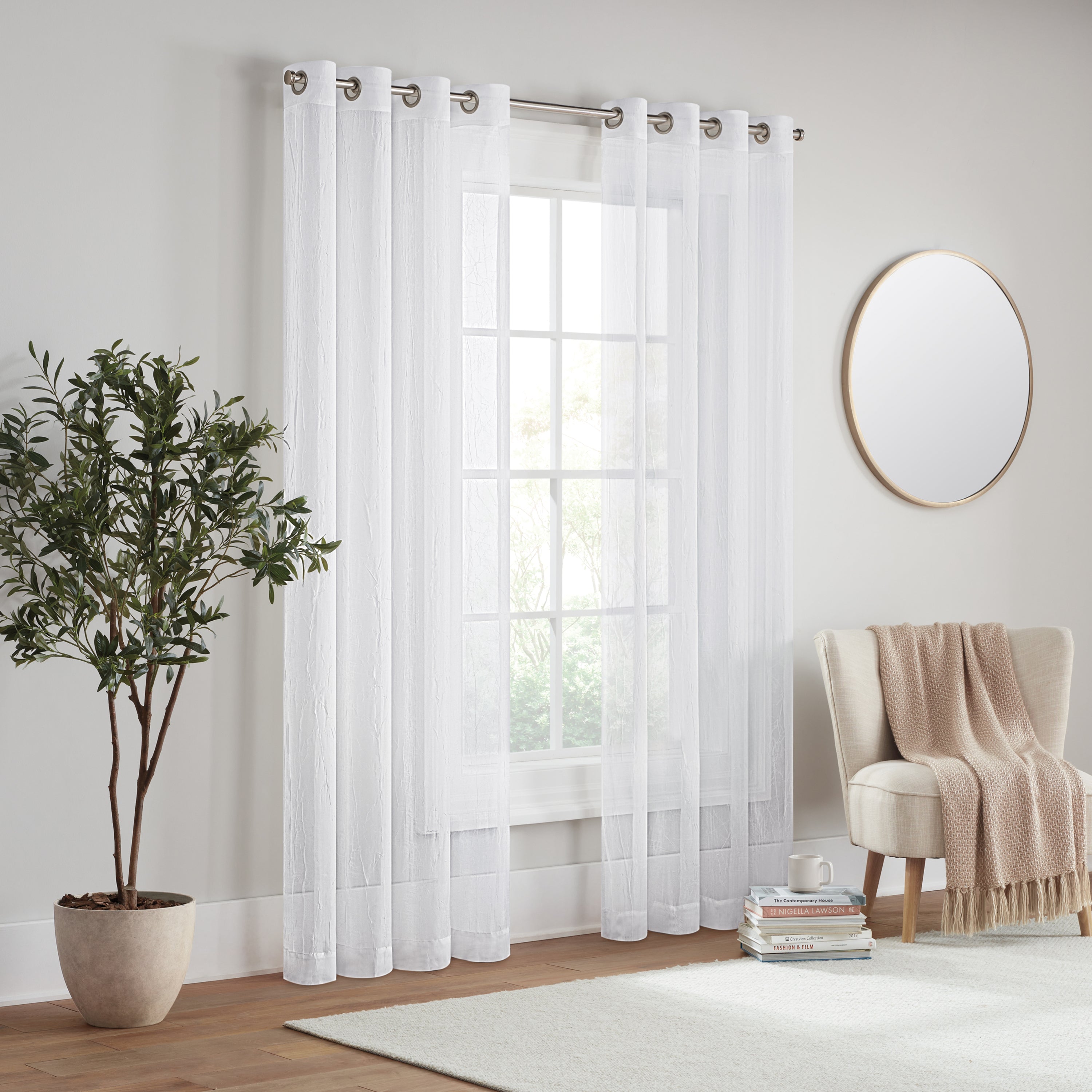  Eclipse Emina Grommet Crushed Sheer Voil Rod Grommet Curtain Panel - Ivory - Bonton