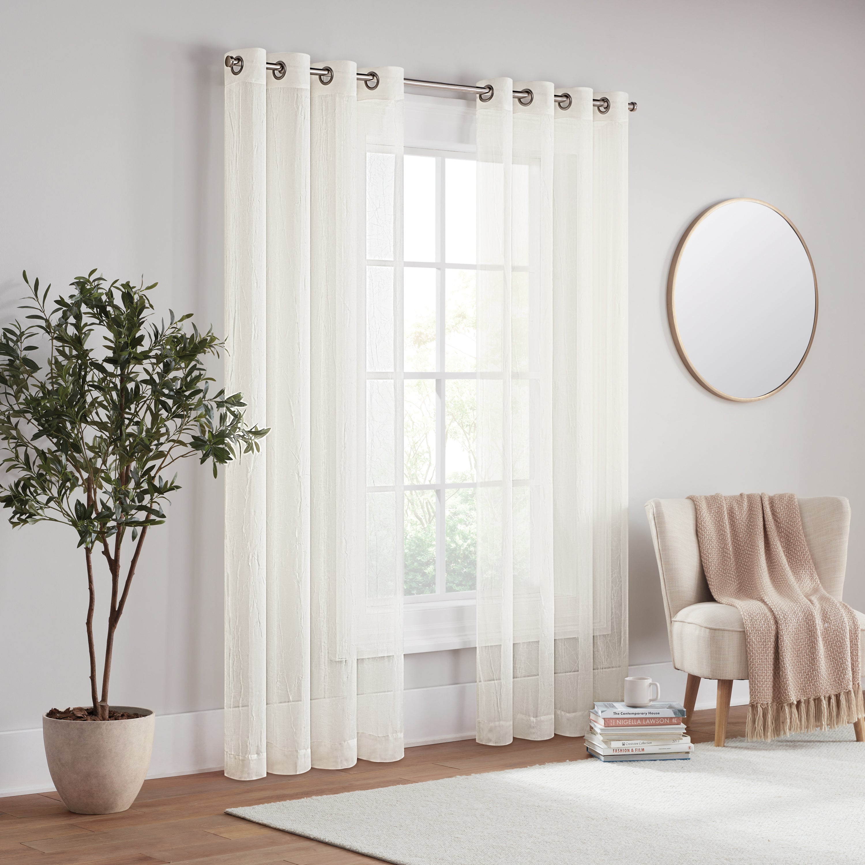  Eclipse Emina Grommet Crushed Sheer Voil Rod Grommet Curtain Panel - Ivory - Bonton