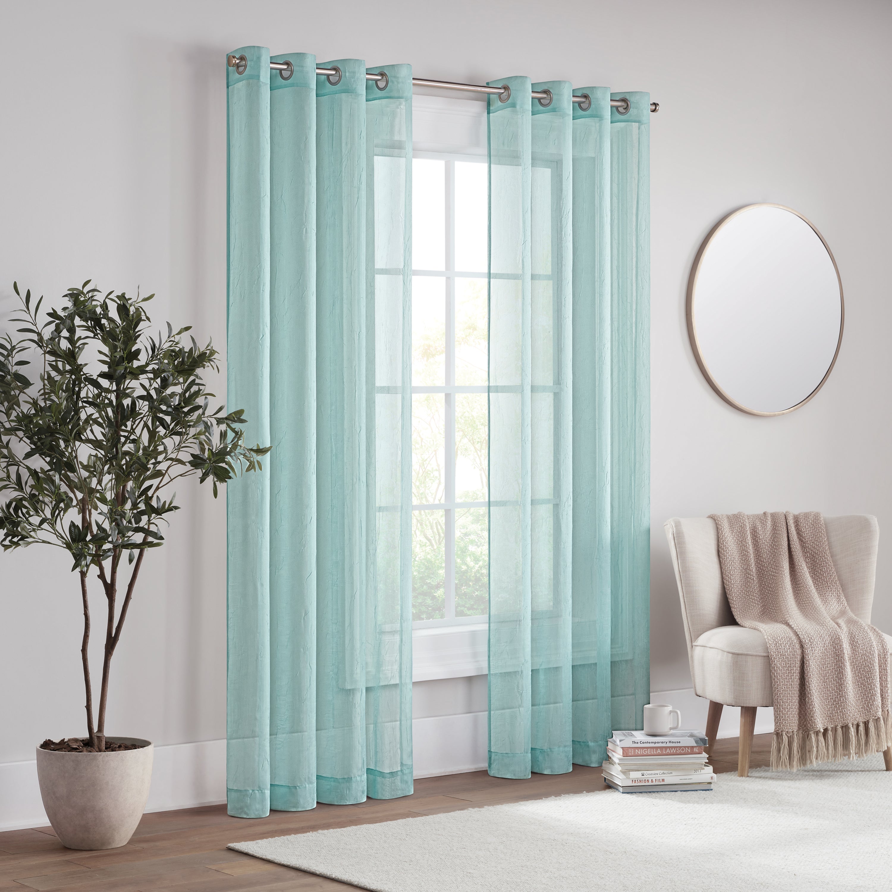  Eclipse Emina Grommet Crushed Sheer Voil Rod Grommet Curtain Panel - Aqua - Bonton