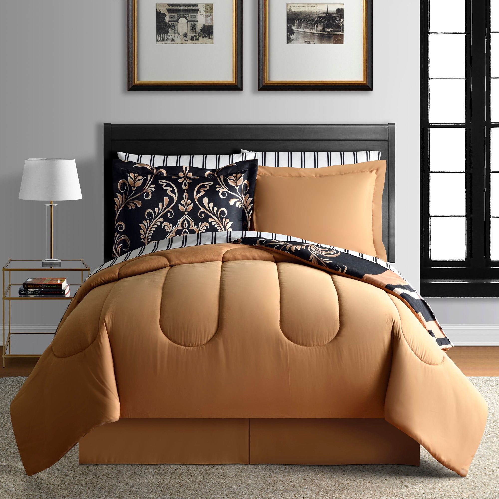  Lanwood Home Sabrina Reversible Comforter Set - Black/Gold - Bonton