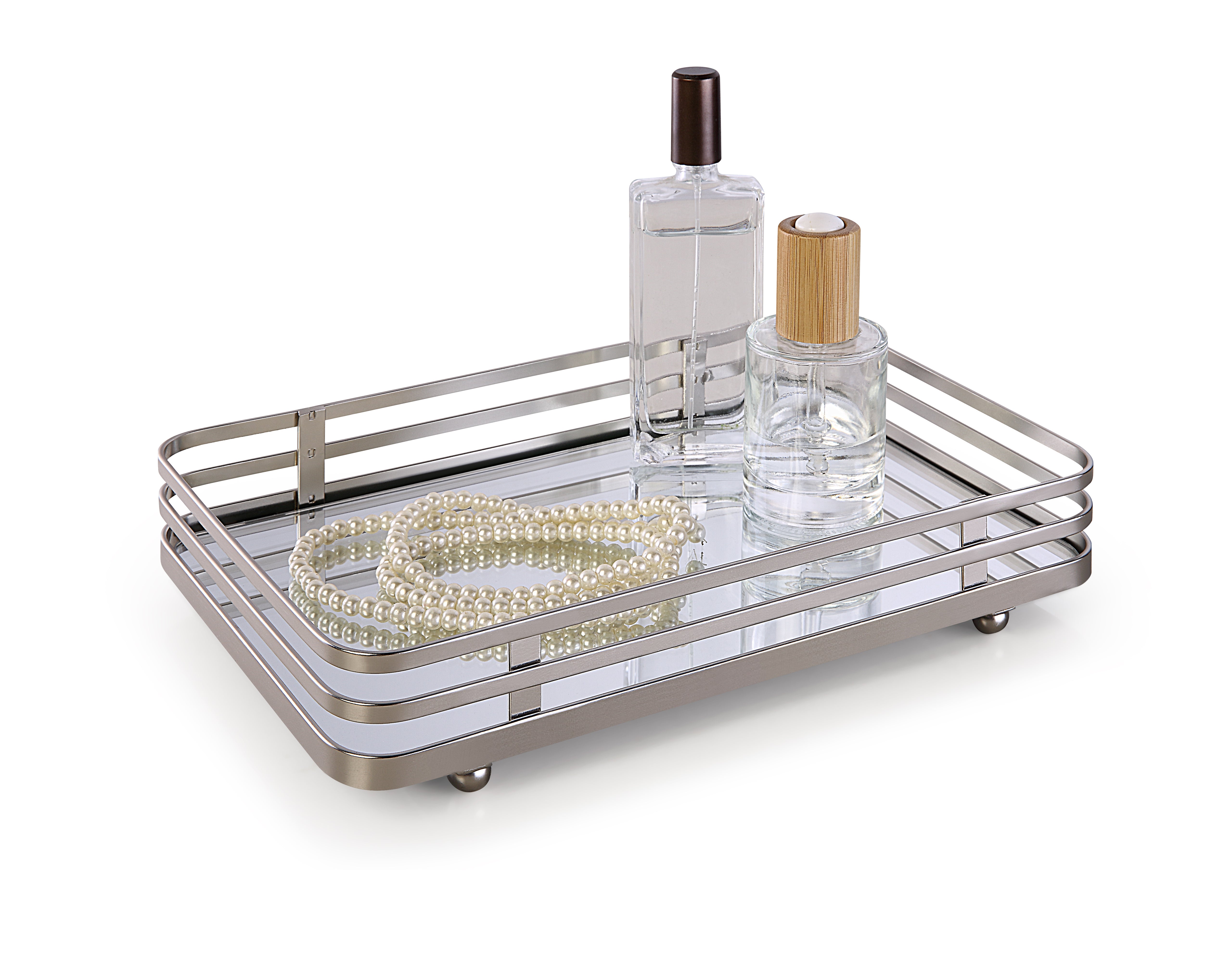  Classic Decorative Vanity Perfume Dresser Jewelry Organizer Makeup Mirror Tray - Silver - Bonton