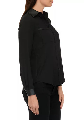 Plus Size Women's Faux-Leather-Trim Button-Down Shirt