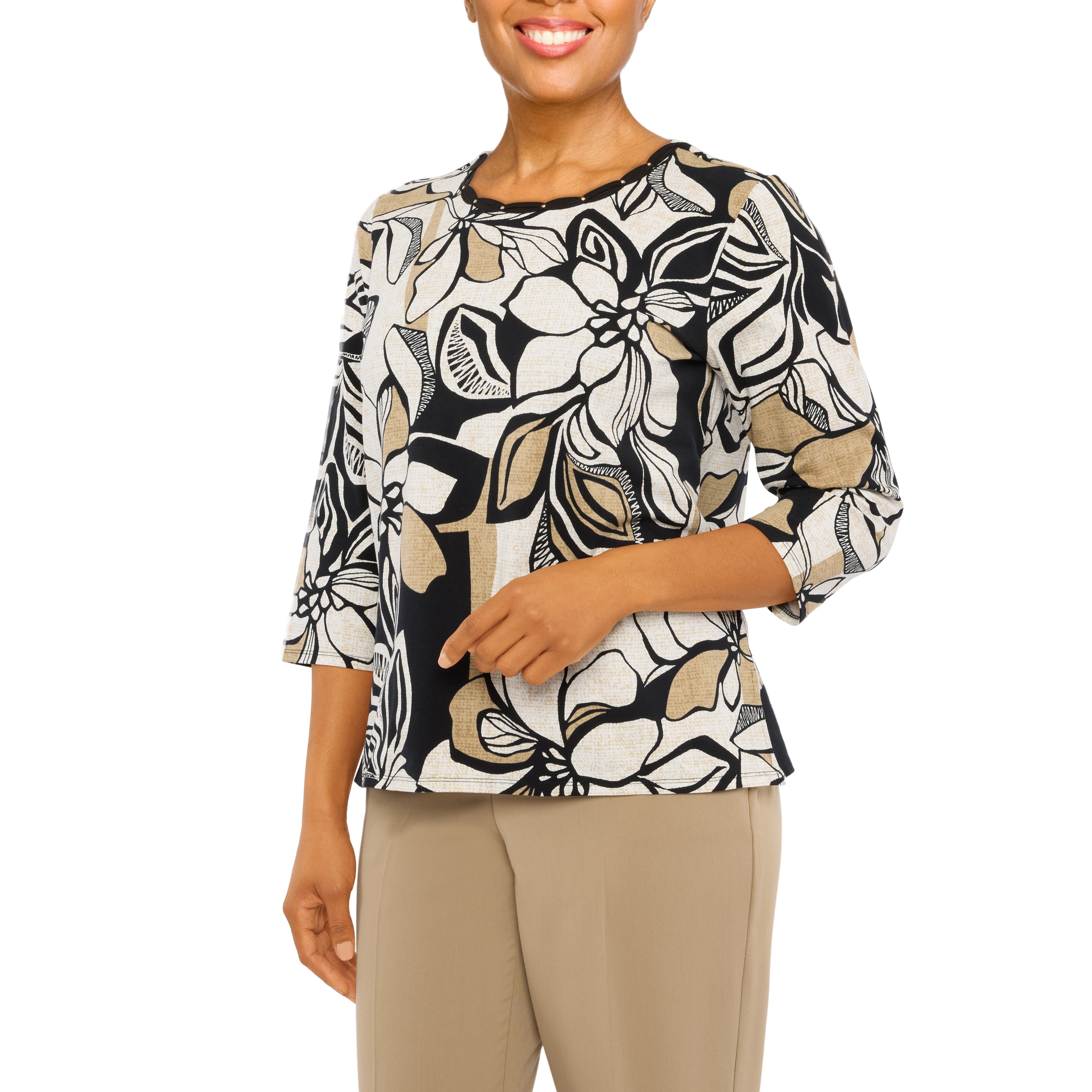  Alfred Dunner Abstract Floral Texture Knit Top - Black/Pecan - Bonton